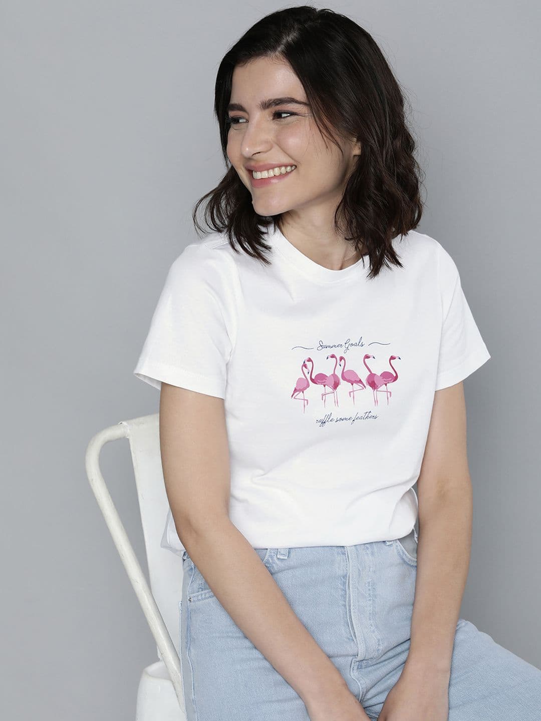 Mast & Harbour Women White & Pink Printed Cotton T-shirt - view 1