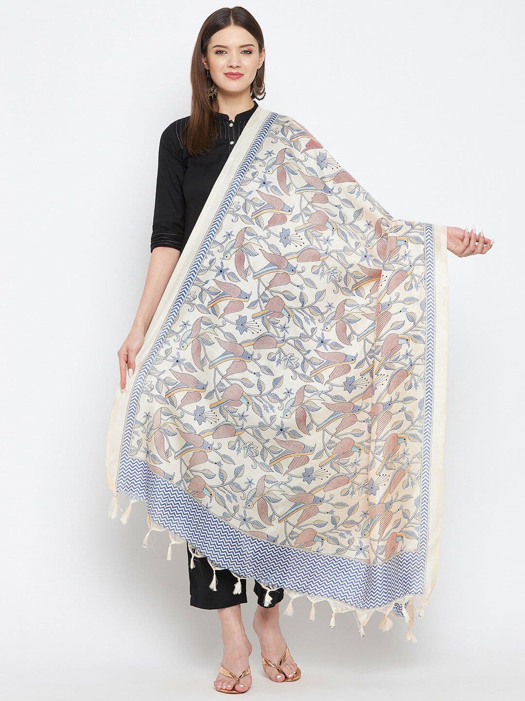 Clora Creation Cream-Coloured & Blue Printed Dupatta - view 1