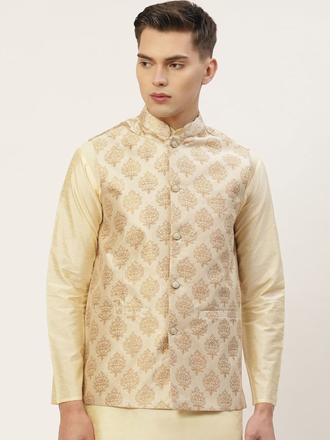 Jompers Men Cream Woven Design Ethnic Nehru Jackets - view 1