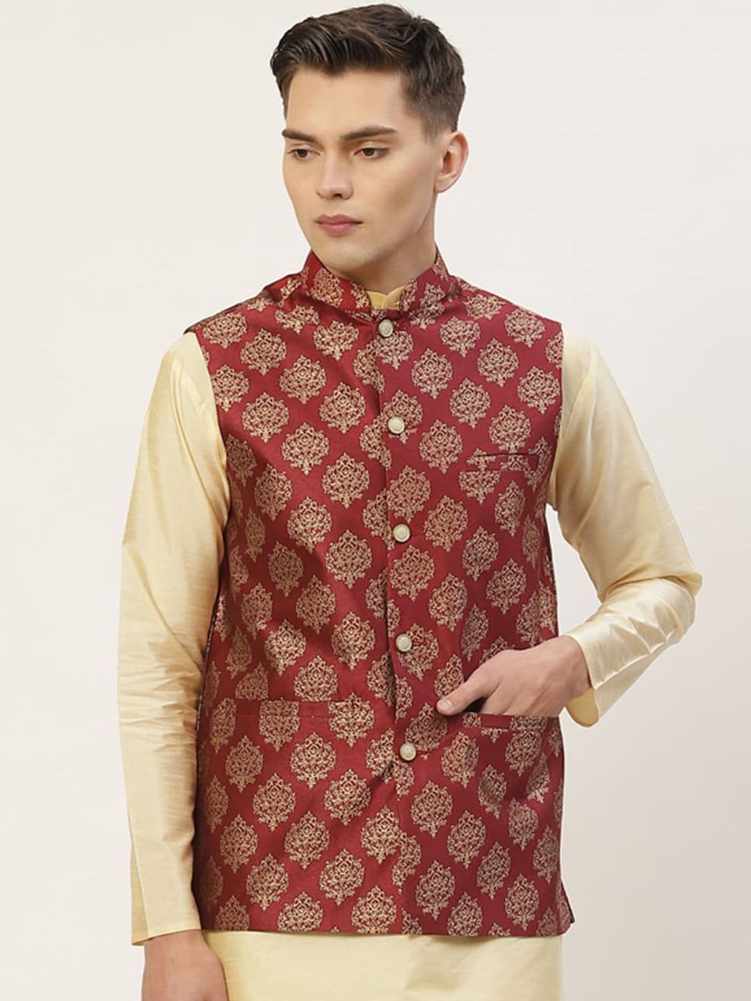 Jompers Men Maroon Woven Design Nehru Jacket - view 1