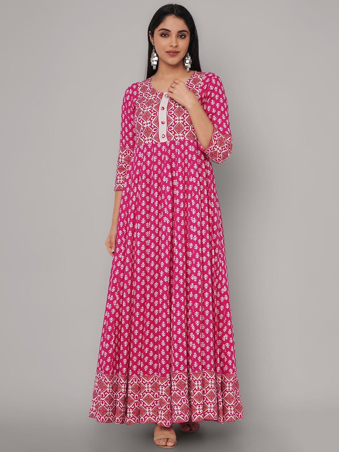 Sanganeri Kurti Women Pink & White Printed Rayon Anarkali Kurta - view 1
