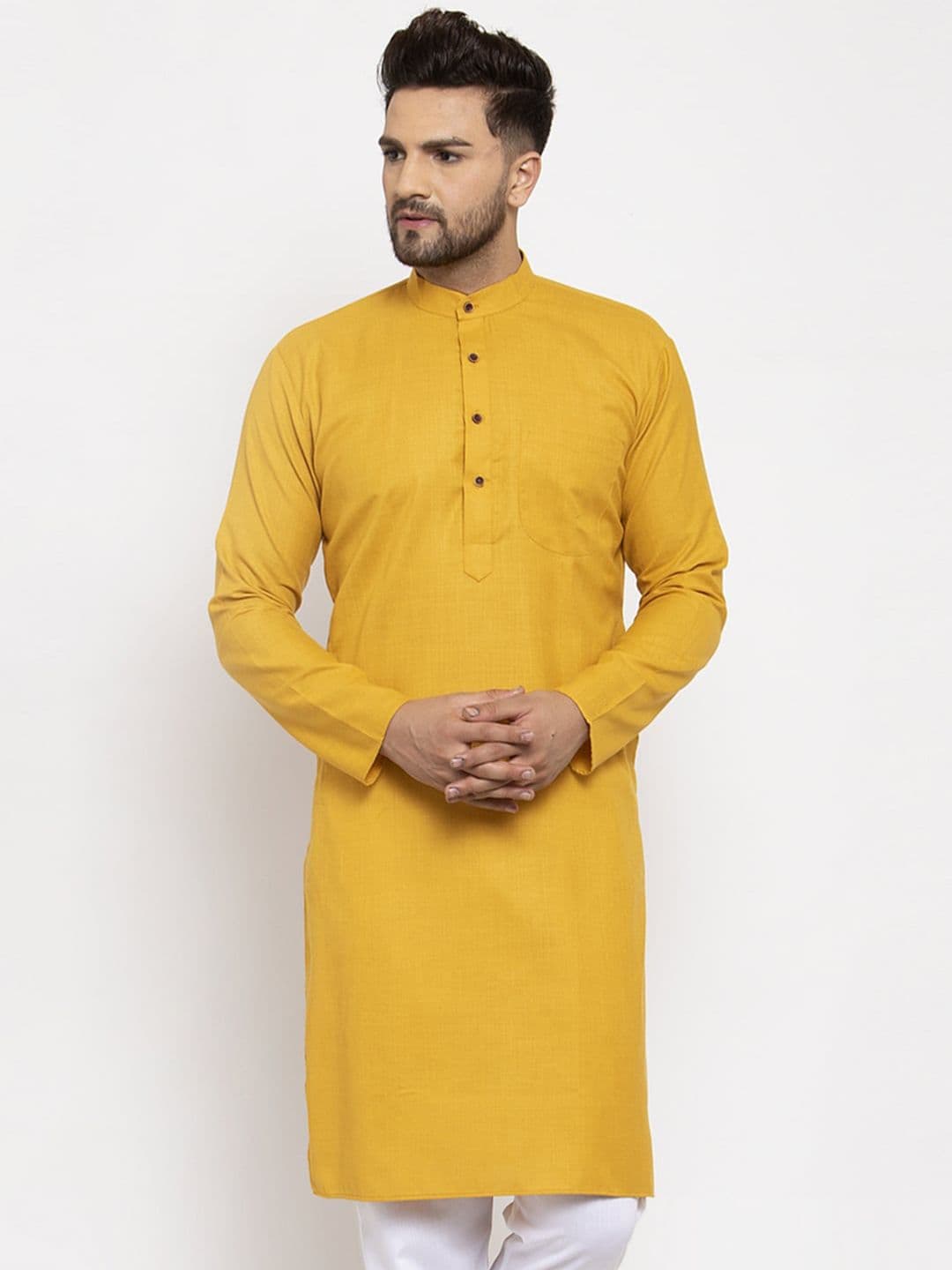Jompers Men Yellow Solid Cotton Kurta - view 1