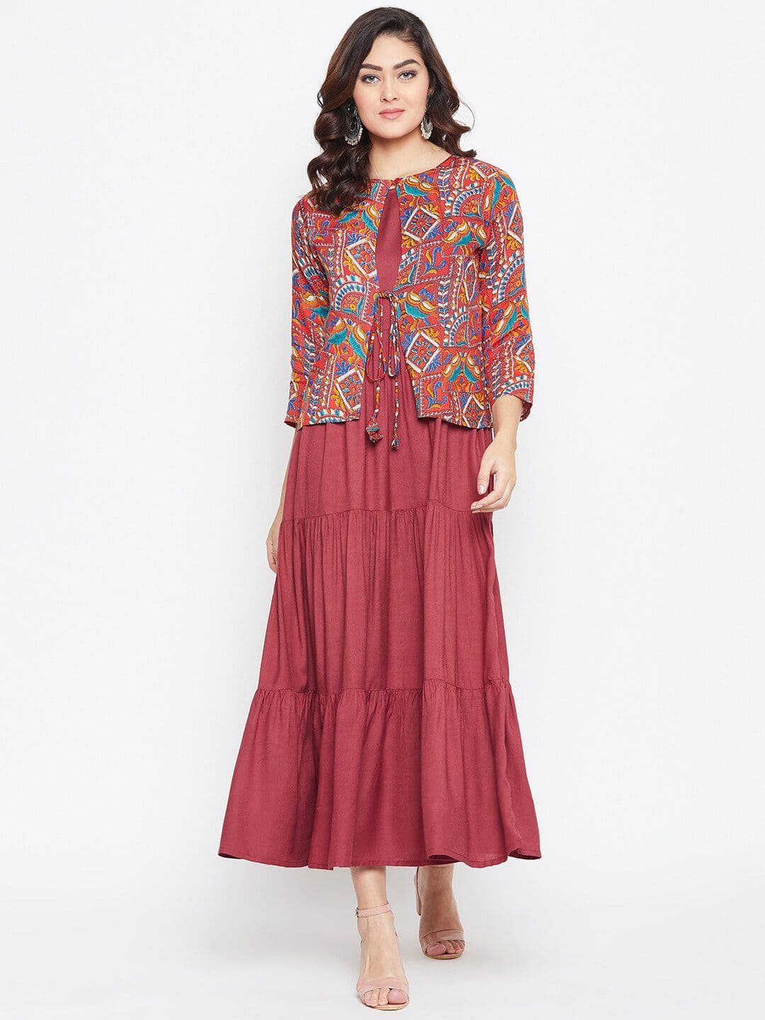 HELLO DESIGN Maroon Ethnic Motifs Layered Ethnic Maxi Midi Dress - view 1