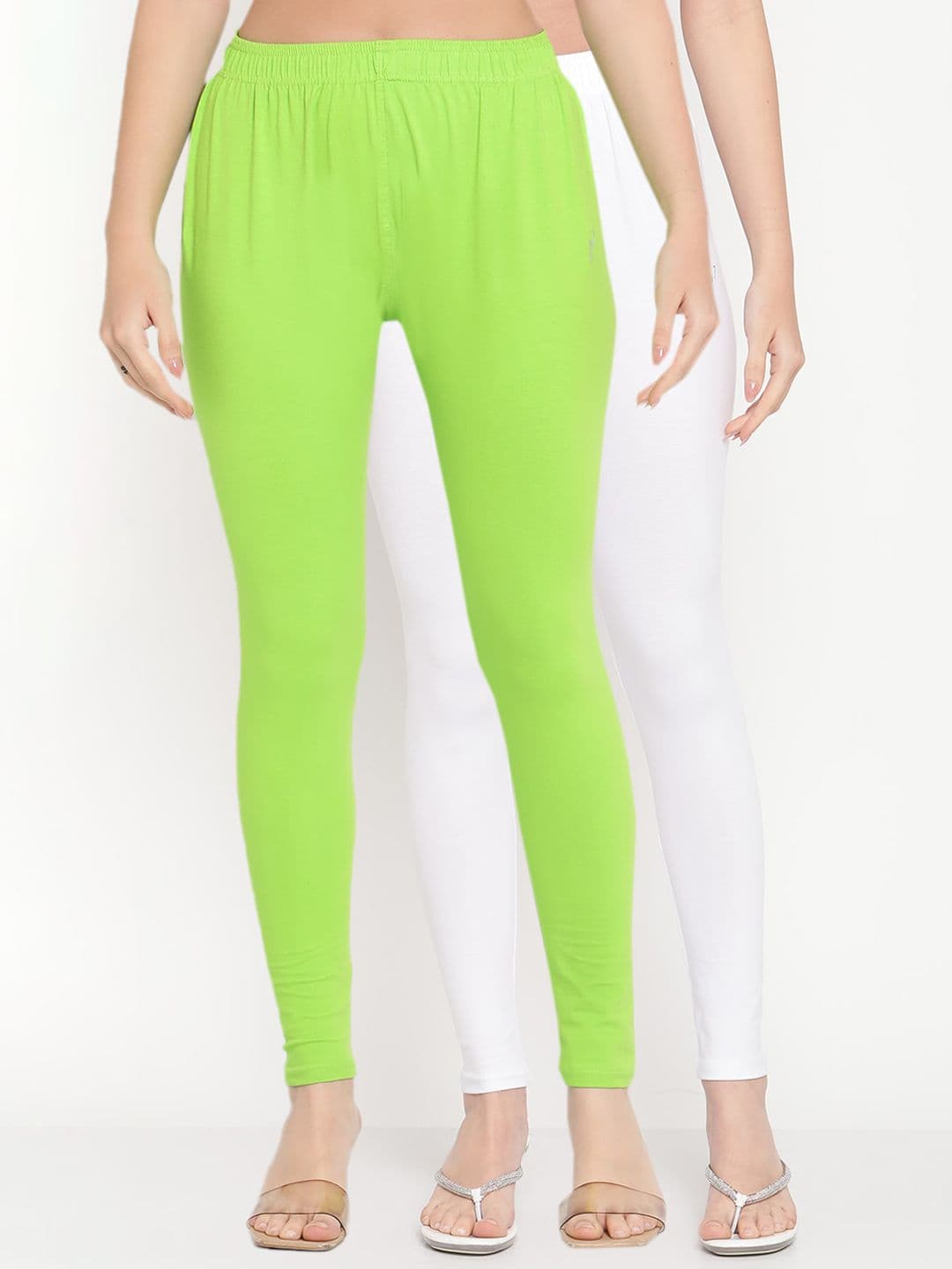 TAG 7 Women Pack Of 2 Green & White Solid Ankle-Length Leggings - view 1