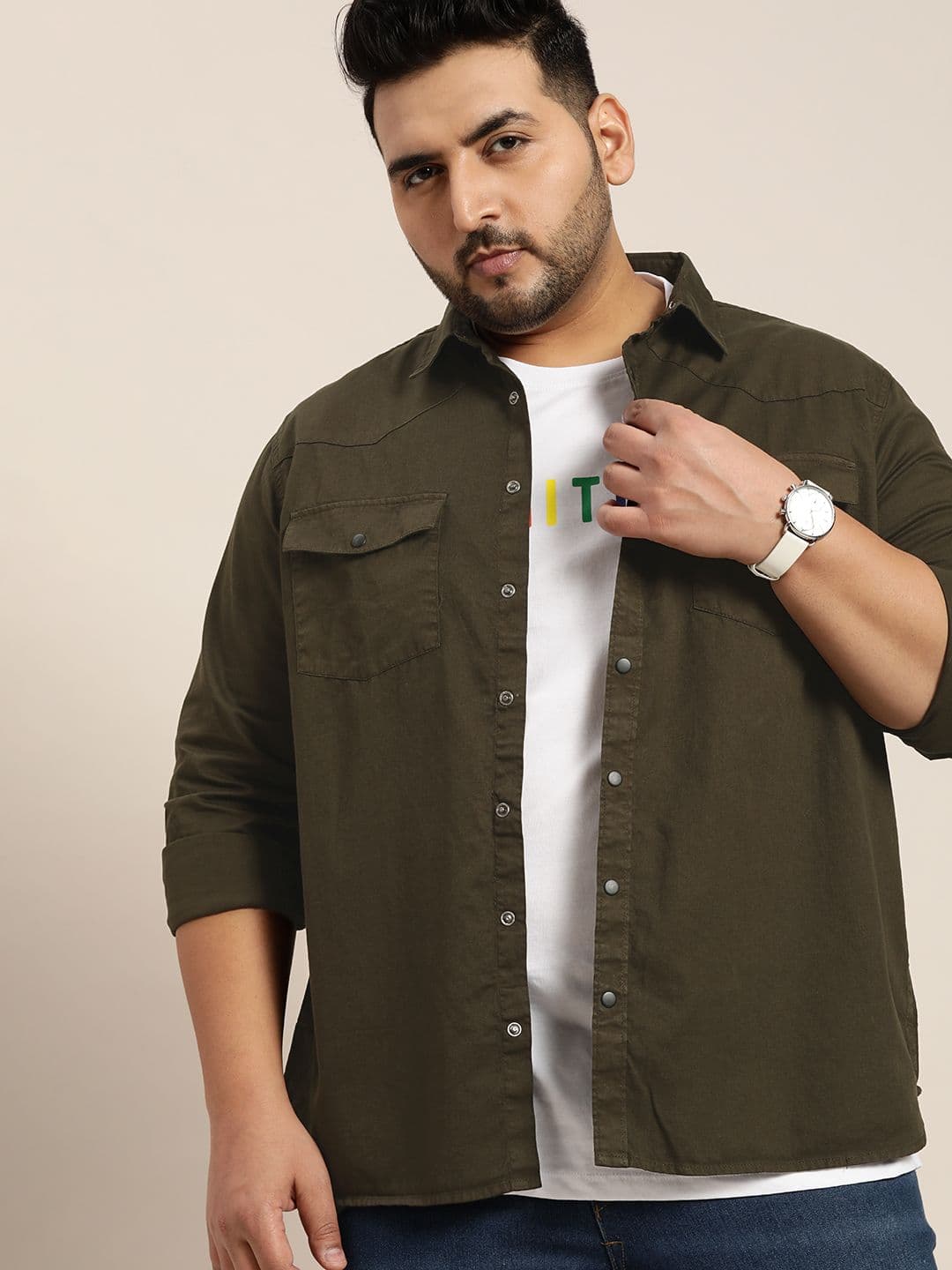 Sztori Men Plus Size Olive Green Solid Oversized Pure Cotton Woven Casual Shirt - view 1