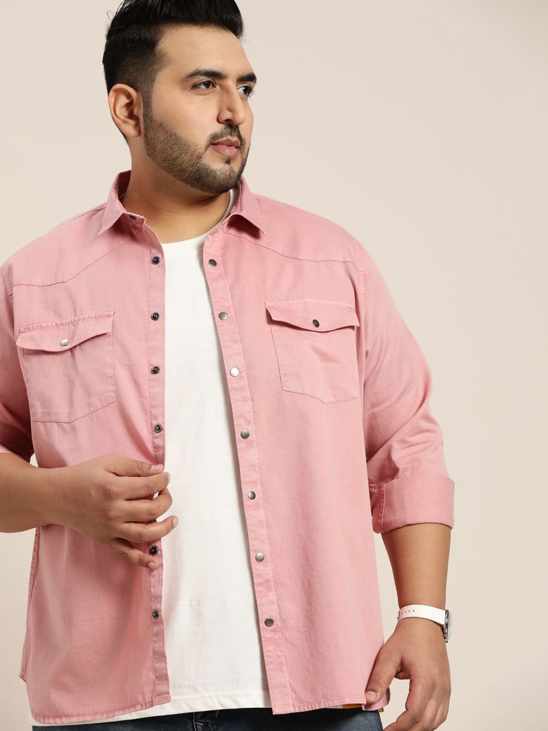 Sztori Men Plus Size Dusty Pink Solid Oversized Pure Cotton Woven Casual Shirt - view 1