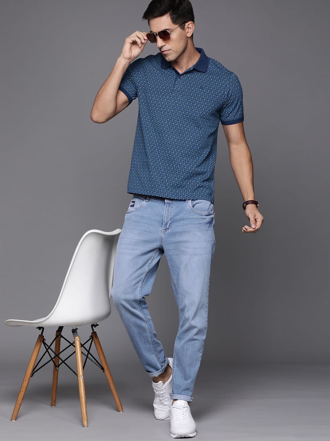Raymond Men Blue & Green Pure Cotton Printed Polo Collar T-shirt - view 1