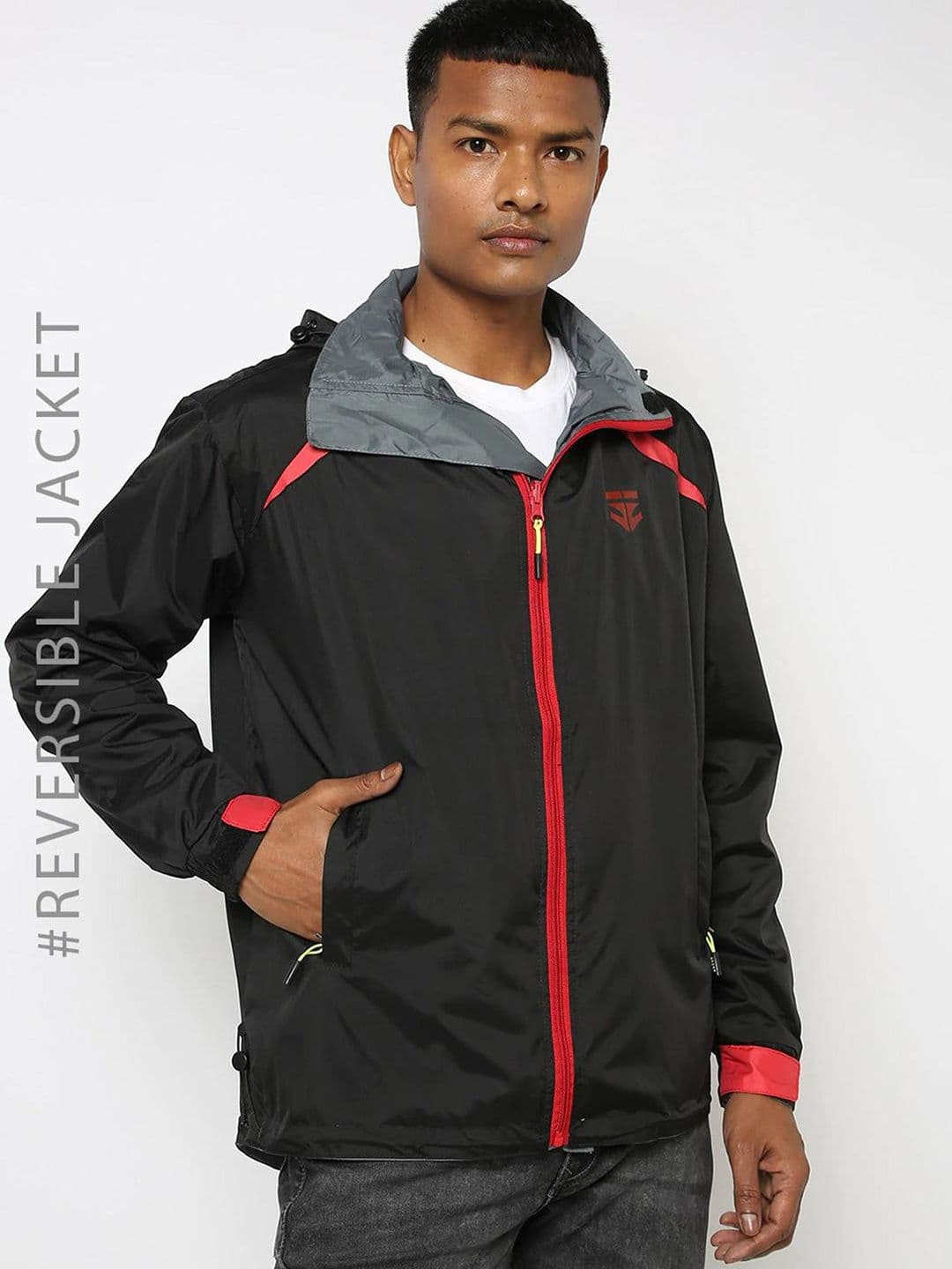 Sports52 wear Men Grey & Black Reversible Hooded Rain Jacket with Contrast Zip - view 1