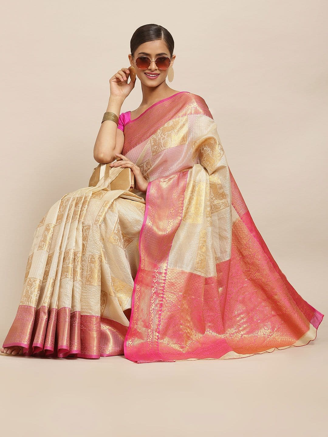 Silk Land Beige & Pink Woven Design Zari Jute Silk Tussar Saree - view 1