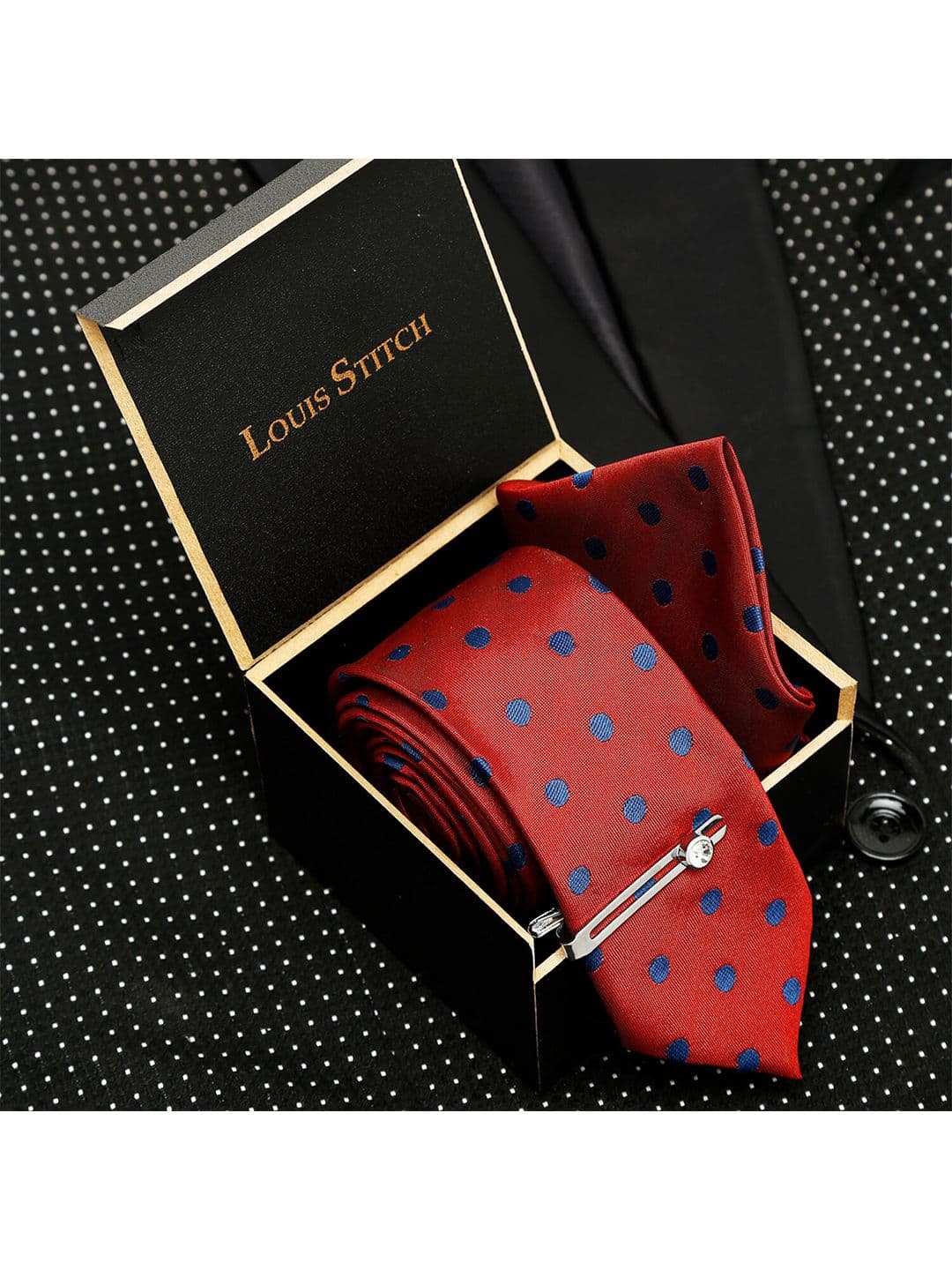 LOUIS STITCH Men Red Woven Design Skinny Tie With Pocket Square & Pin - view 1