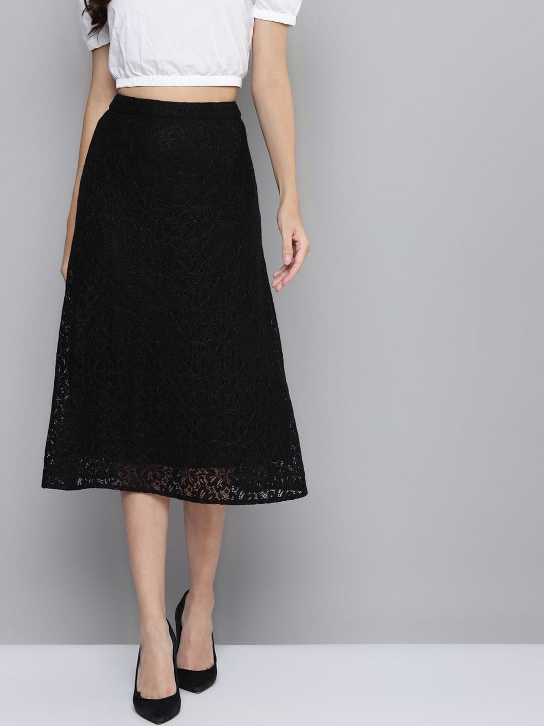 SASSAFRAS Black Lace Design A-Line Skirt - view 1
