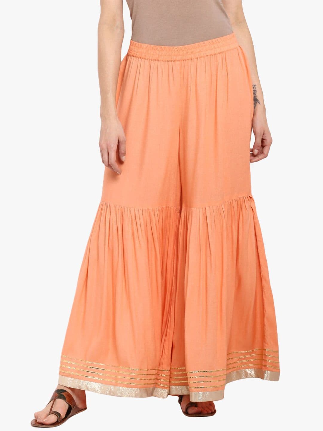 Varanga Women Peach-Coloured & Gold-Toned Embellished Flared Palazzos - view 1