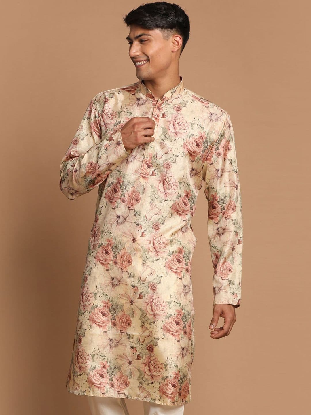 VASTRAMAY Men Beige Floral Printed Straight Kurta - view 1