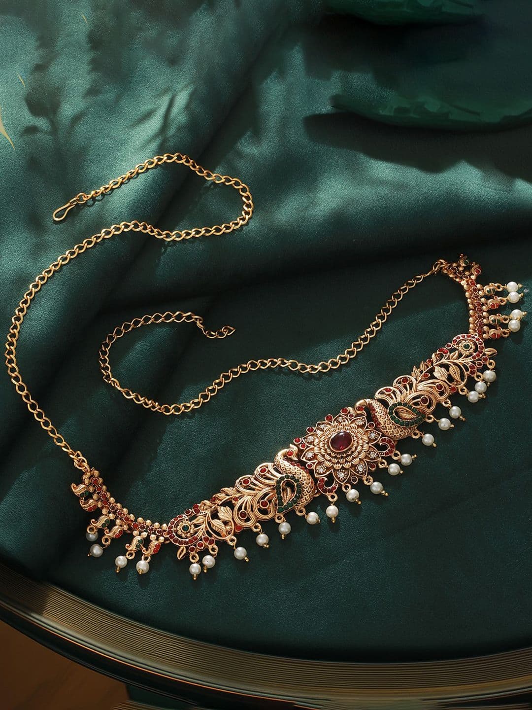 Saraf RS Jewellery Gold-Plated Pink & Green Stone Studded & Pearl Beaded Kamarband - view 1