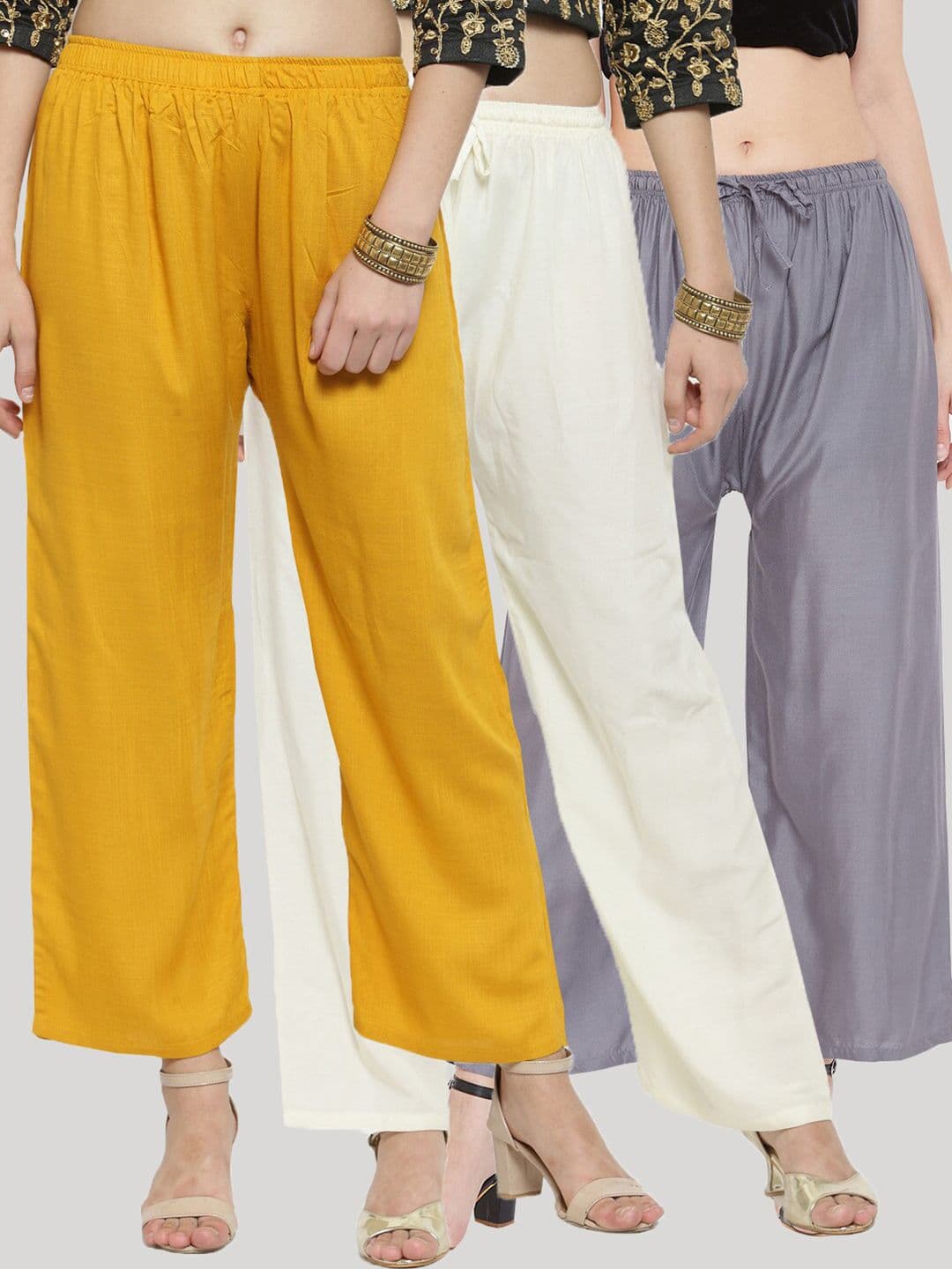 Clora Creation Women Set Of 3 Yellow & Grey Solid Palazzos - view 1