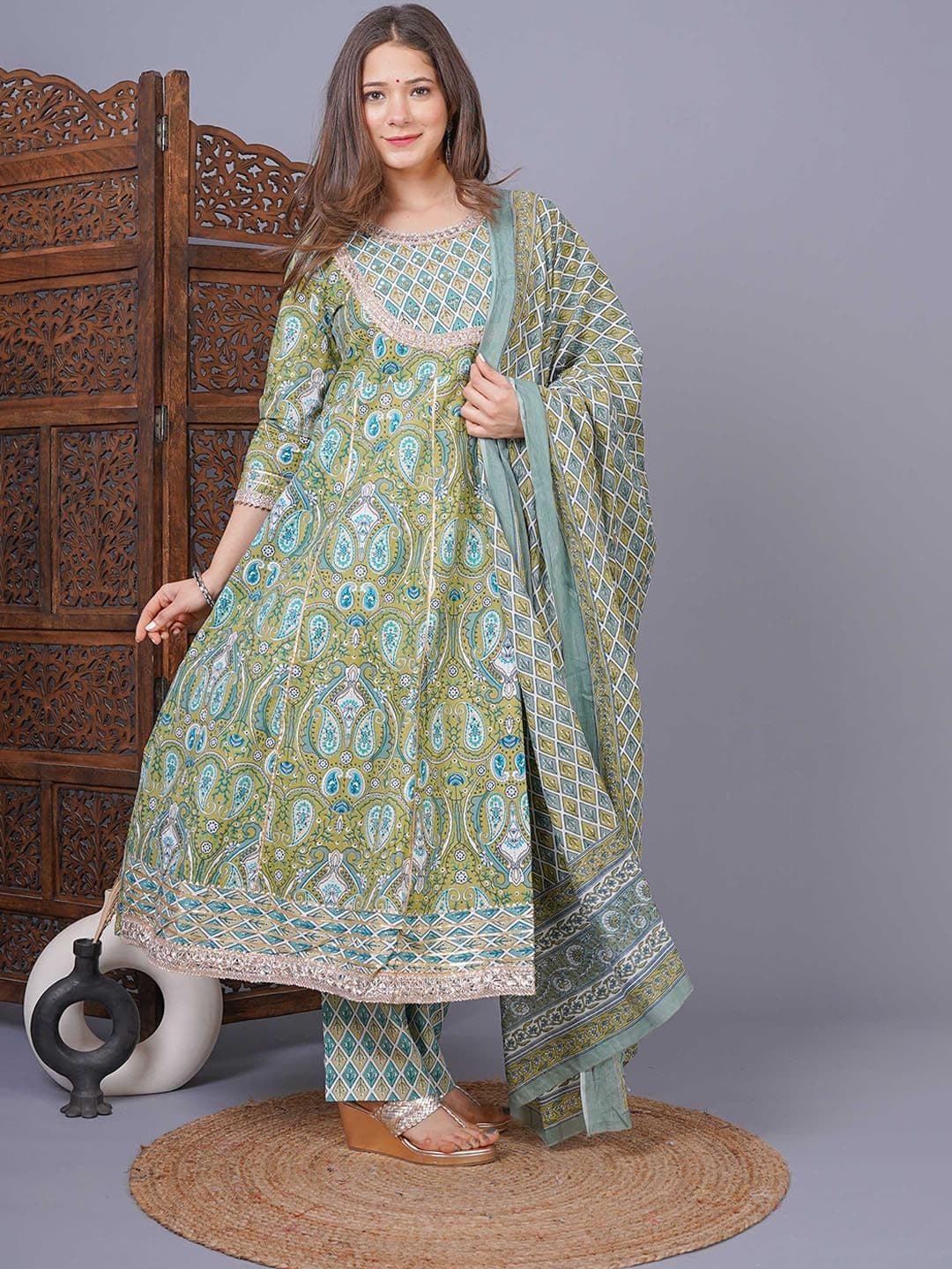 MEERA FAB Women Green Floral Yoke Design Panelled Beads and Stones Pure Cotton Kurta with Trousers & Dupatta - view 1