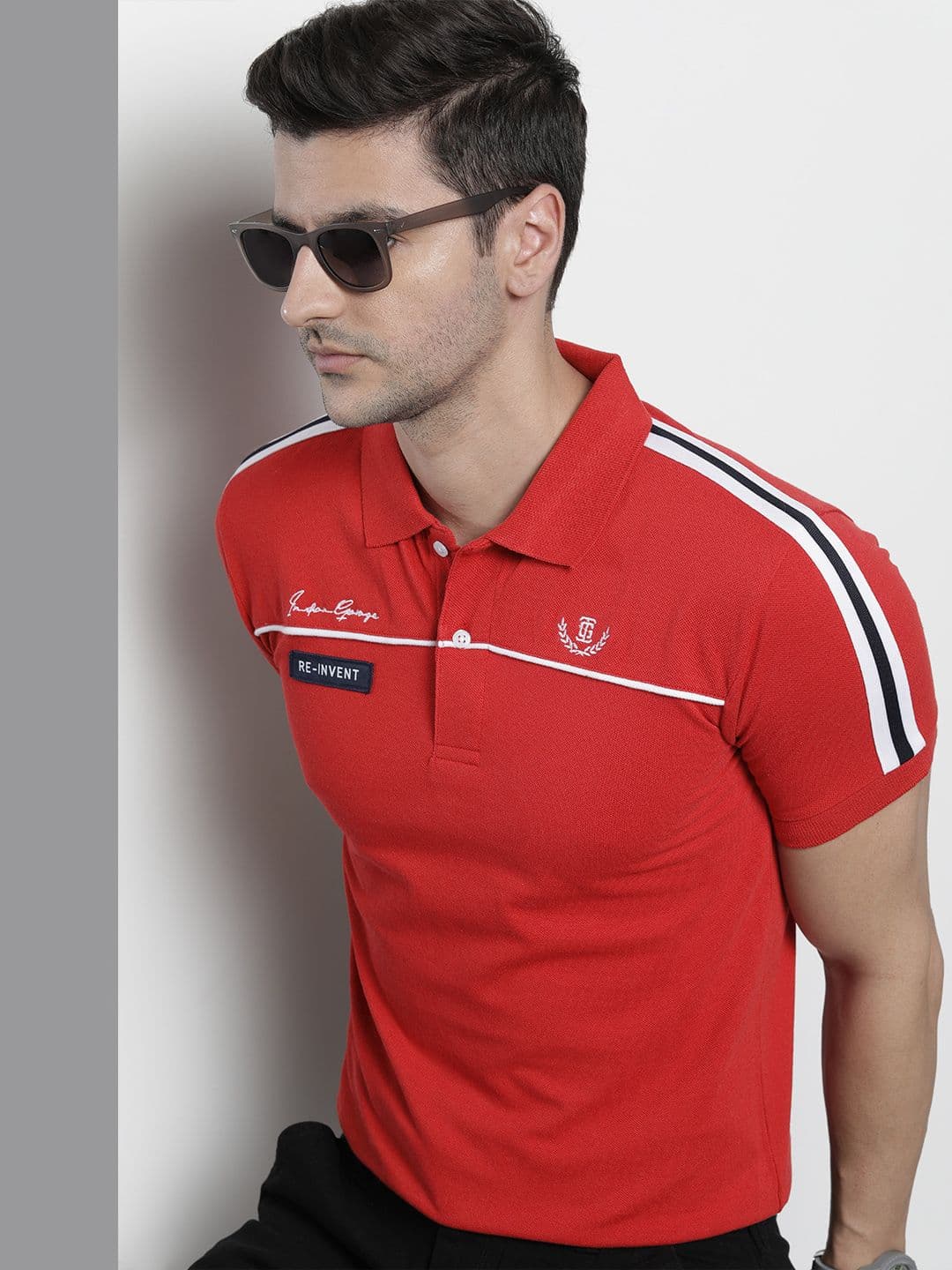 The Indian Garage Co Men Red Solid Polo Collar Applique Detail Slim Fit T-shirt - view 1