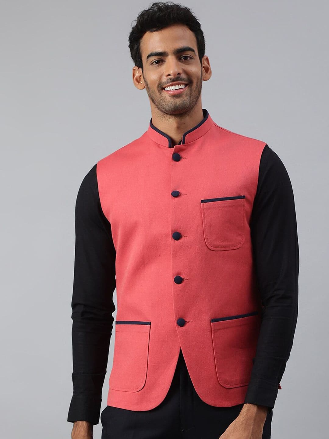 MR BUTTON Men Pink Solid Nehru Jacket - view 1