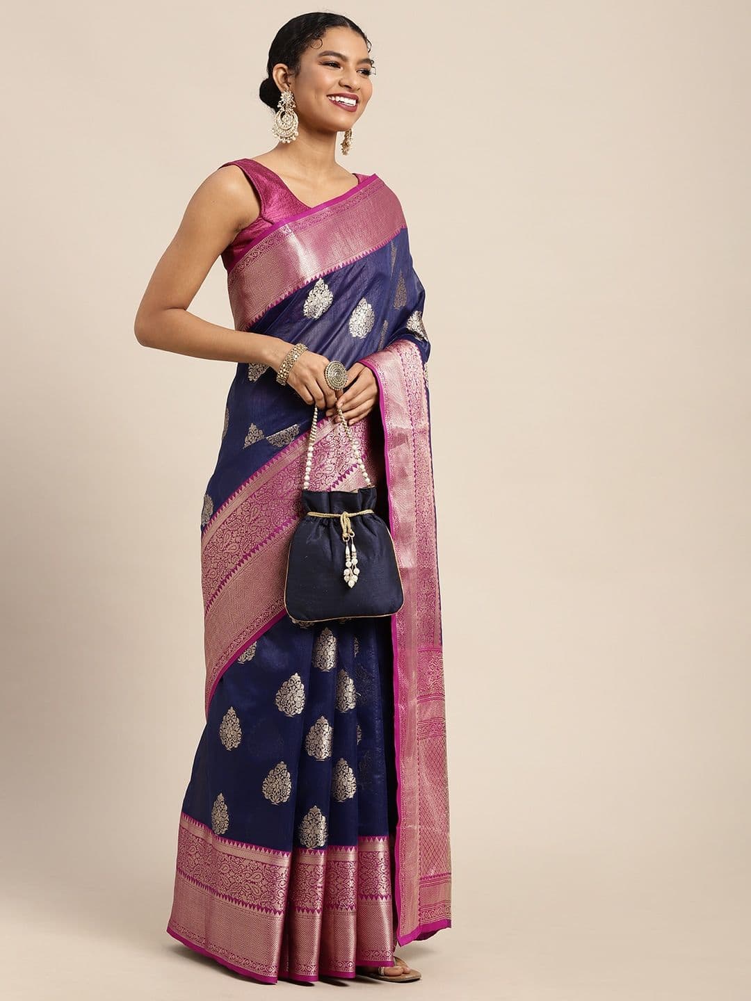 Silk Land Navy Blue & Golden Ethnic Motifs Zari Banarasi Saree - view 1