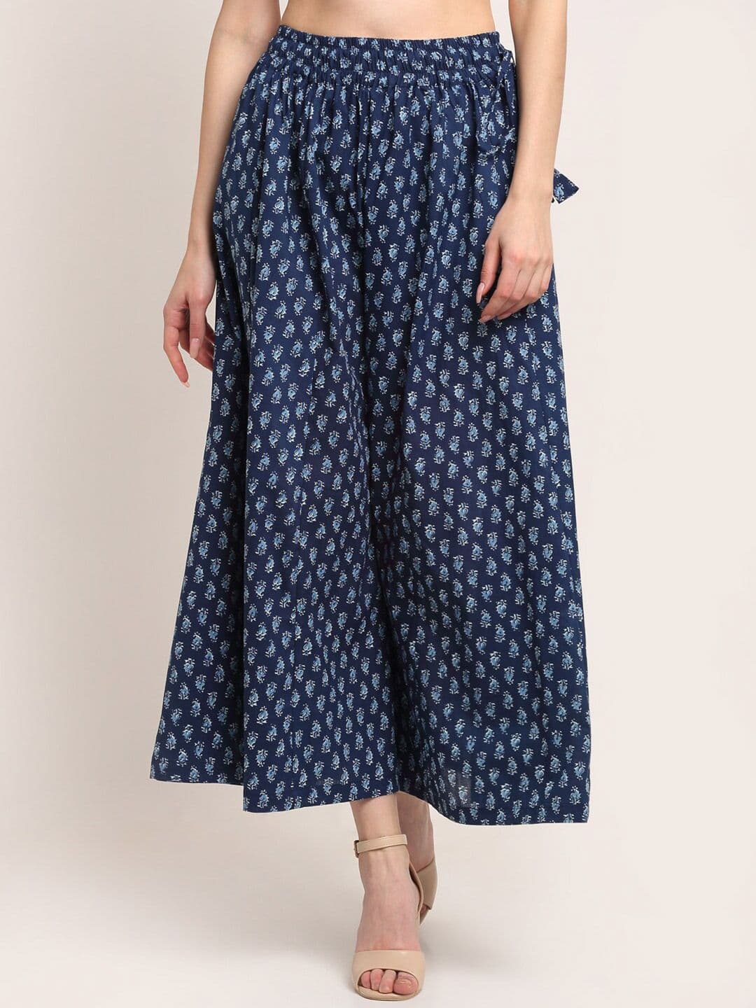 TAG 7 Women Navy Blue Ethnic Motifs Printed Flared Cotton Ethnic Palazzos - view 1