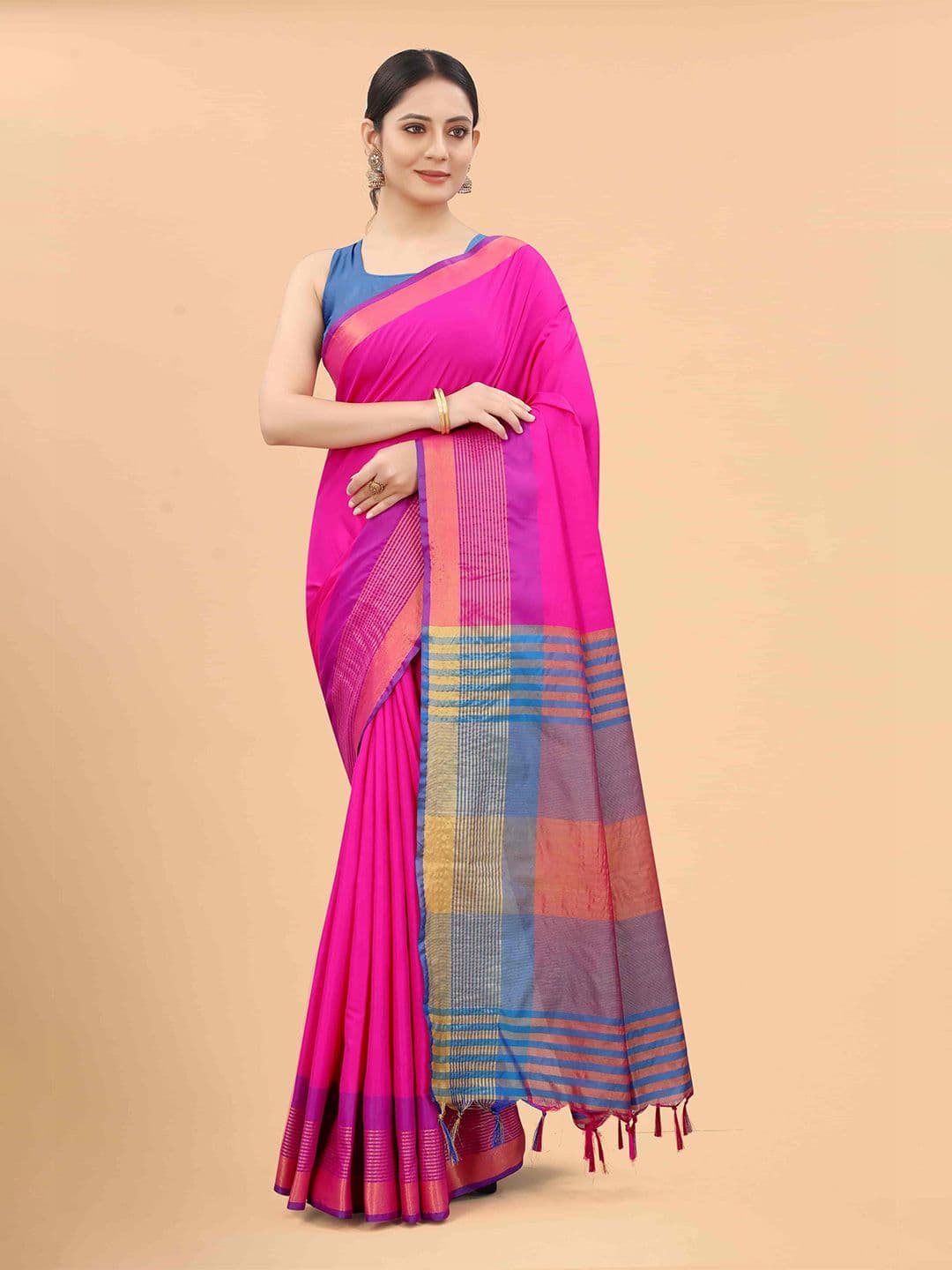 Silk Land Pink & Blue Zari Art Silk Fusion Arani Saree - view 1