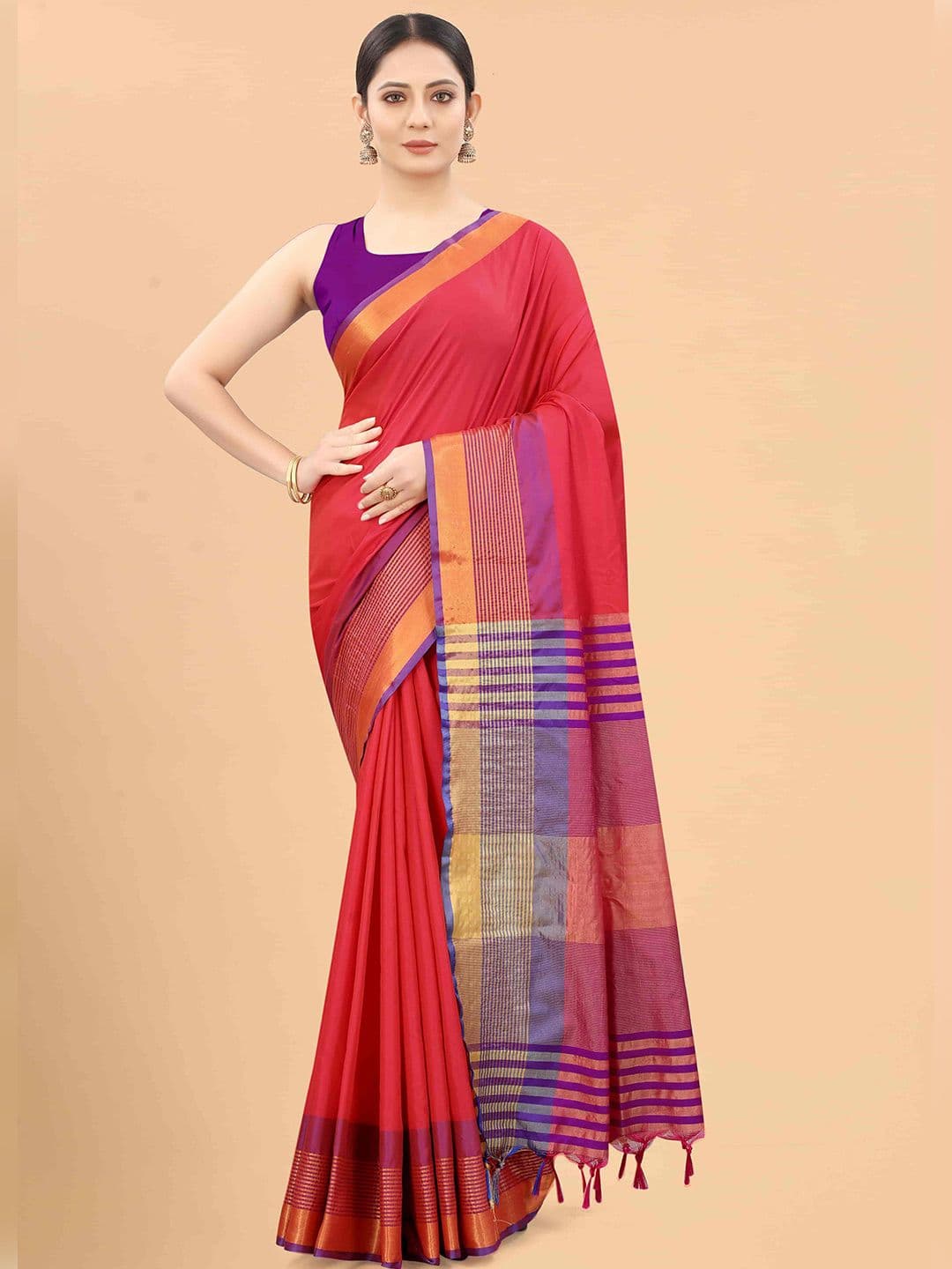 Silk Land Red & Purple Zari Art Silk Arani Saree - view 1