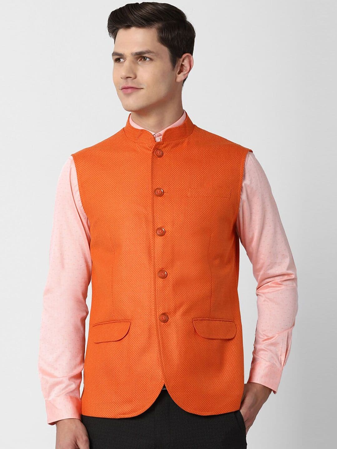 Peter England Elite Men Orange Woven Design Nehru Jacket - view 1
