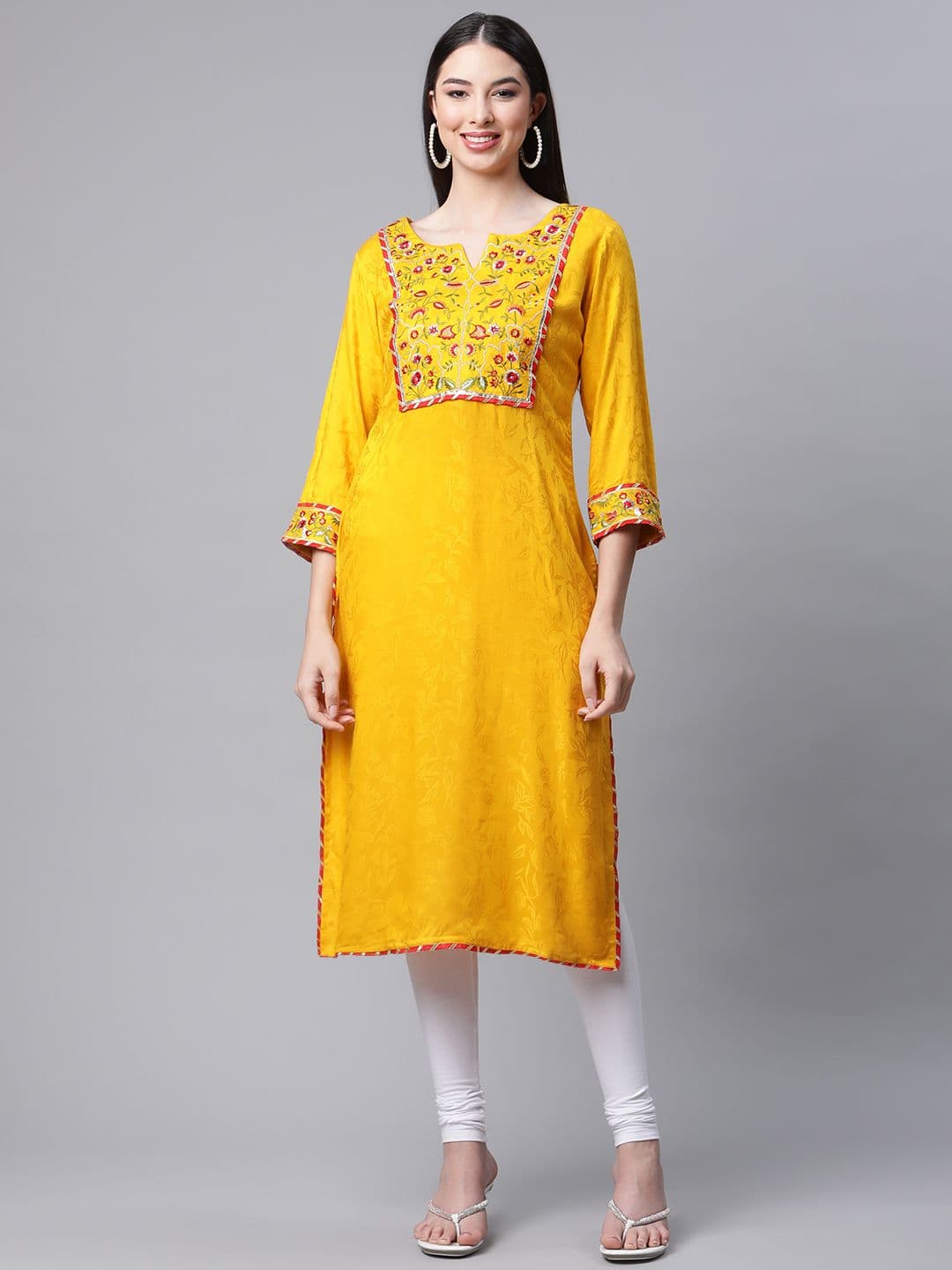 AMIRAS INDIAN ETHNIC WEAR Women Mustard Yellow Ethnic Motifs Yoke Design Gotta Patti Kurta - view 1
