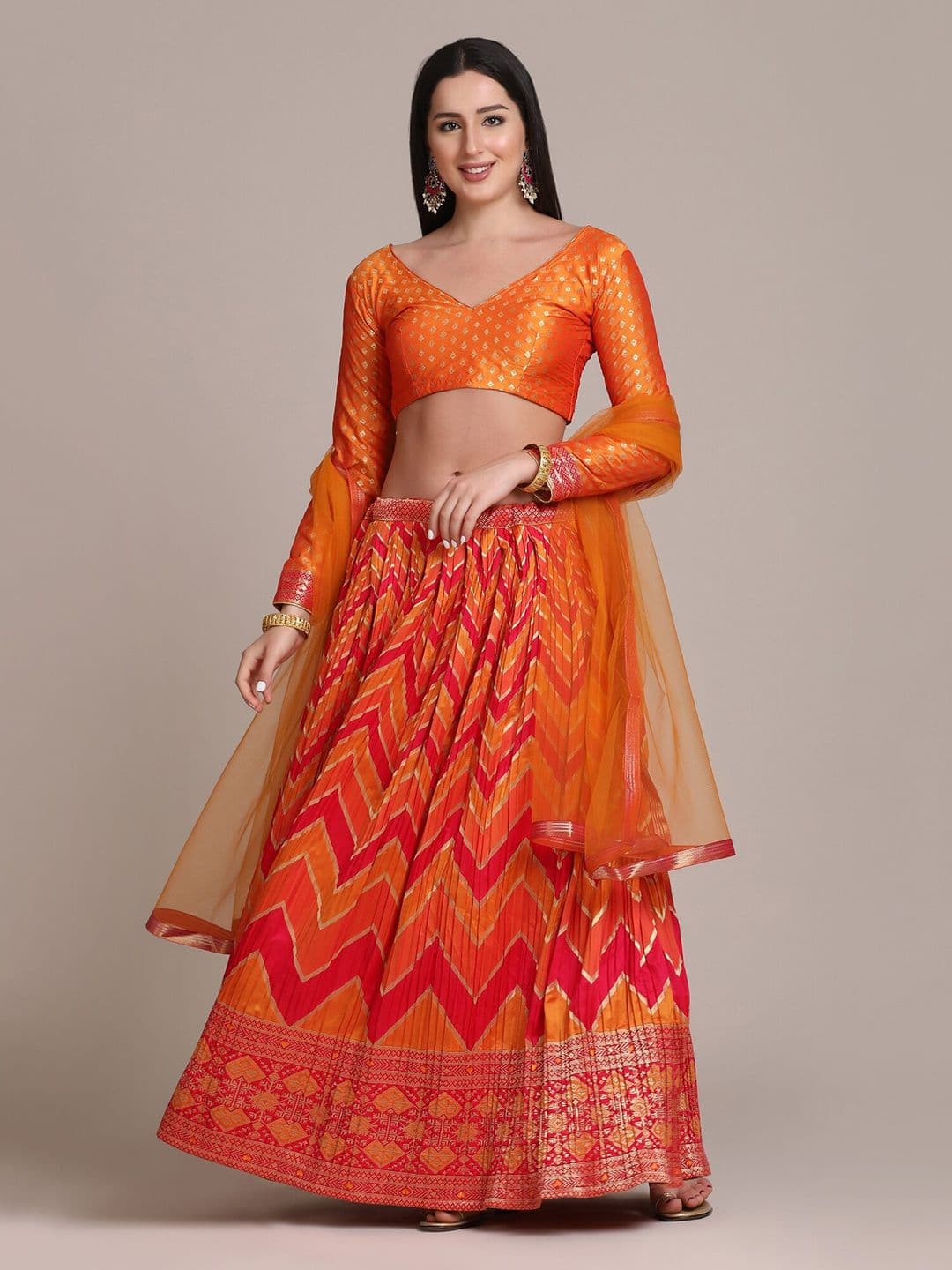 Warthy Ent Orange & Gold-Toned Semi-Stitched Lehenga & Unstitched Blouse With Dupatta - view 1