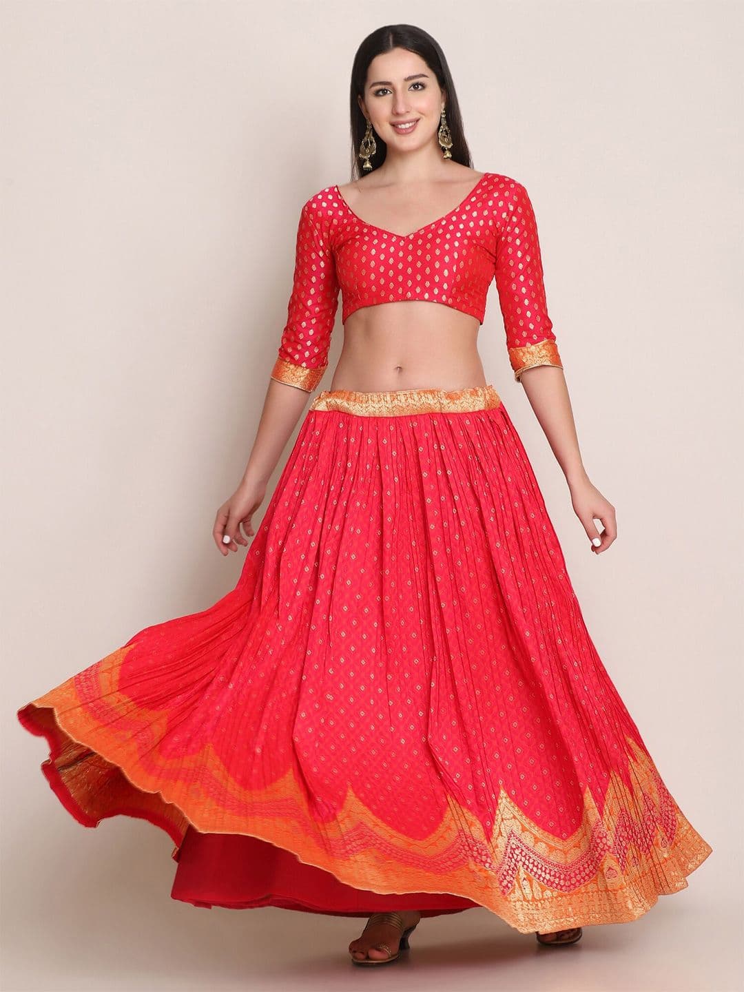 Warthy Ent Pink & Gold-Toned Semi-Stitched Lehenga & Unstitched Blouse With Dupatta - view 1
