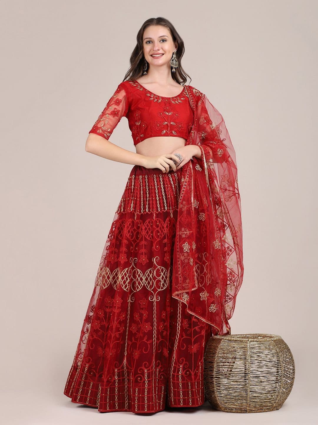 Warthy Ent Maroon & Gold-Toned Embroidered Semi-Stitched Lehenga & Unstitched Blouse With Dupatta - view 1