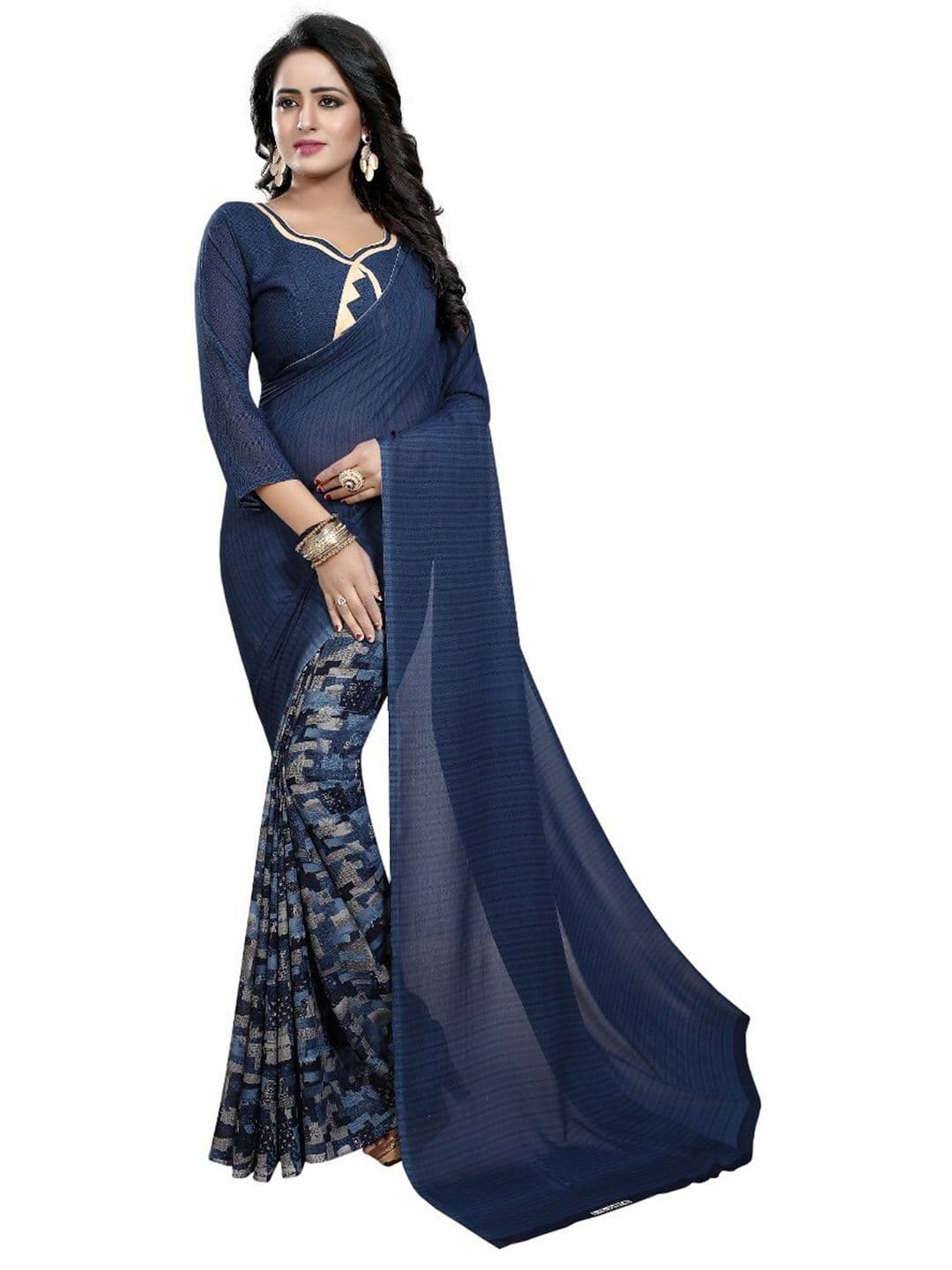 Yashika Navy Blue & Grey Floral Georgette Saree - view 1