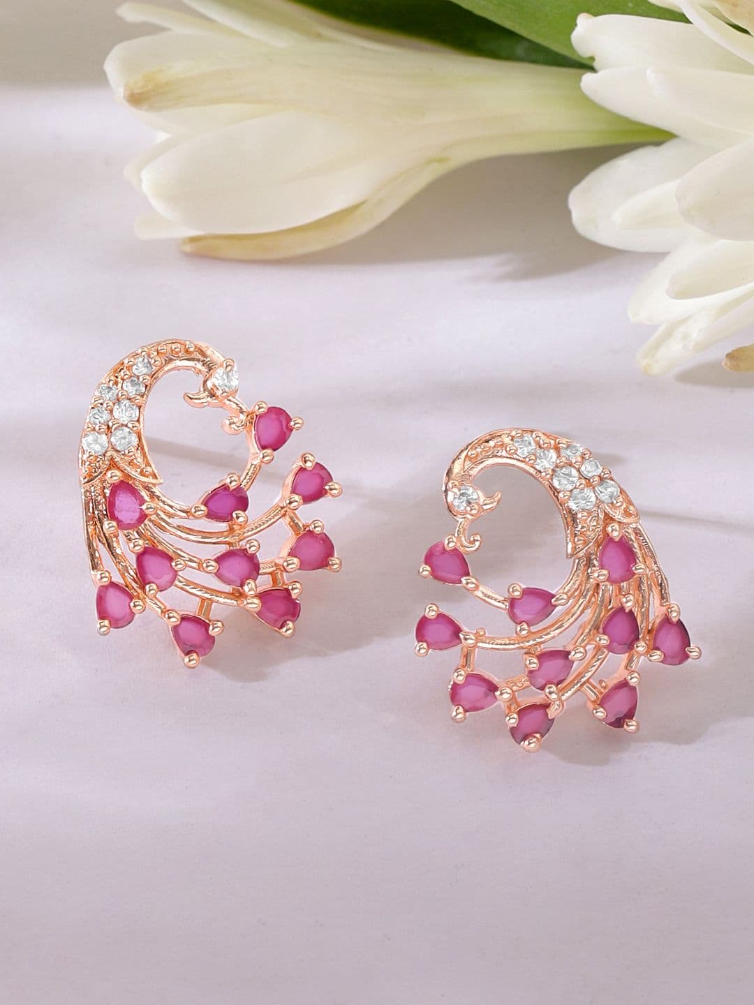 Rubans Rose Gold & Pink Peacock Shaped Drop Earrings - view 1