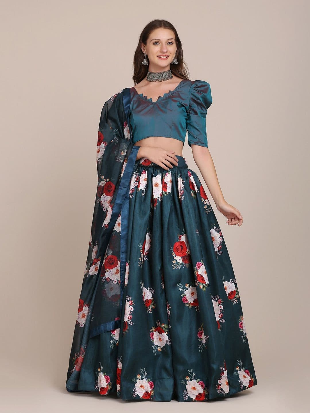 Warthy Ent Navy Blue & Red Foil Print Semi-Stitched Lehenga & Unstitched Blouse With Dupatta - view 1