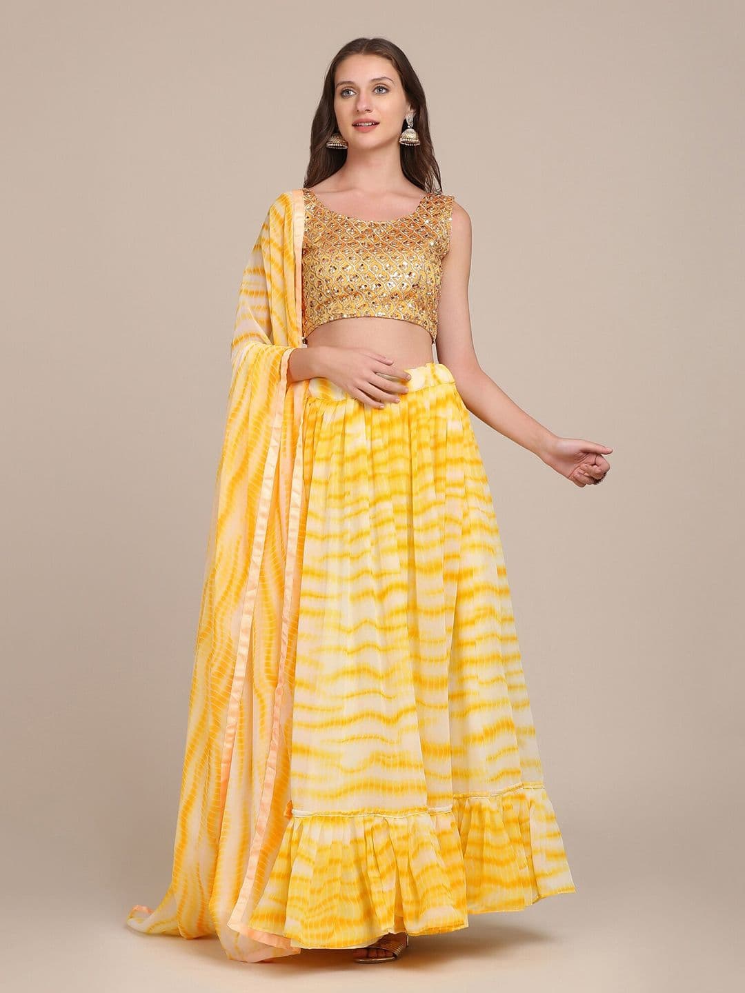 Warthy Ent Yellow & Golden Sequinned Shibori Semi-Stitched Lehenga & Unstitched Blouse With Dupatta - view 1