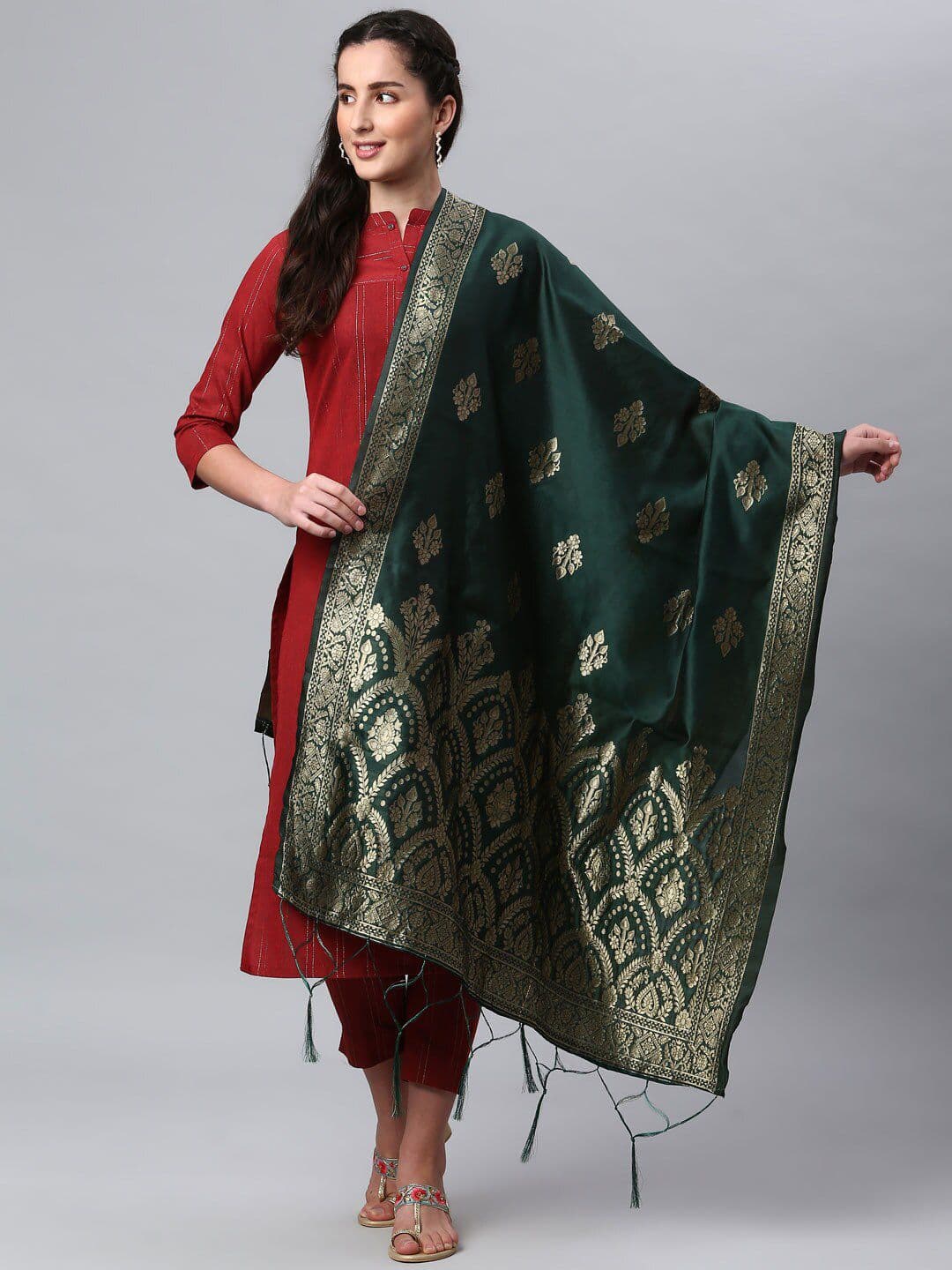 Lilots Women Green & Gold-Toned Ethnic Motifs Woven Design Dupatta - view 1