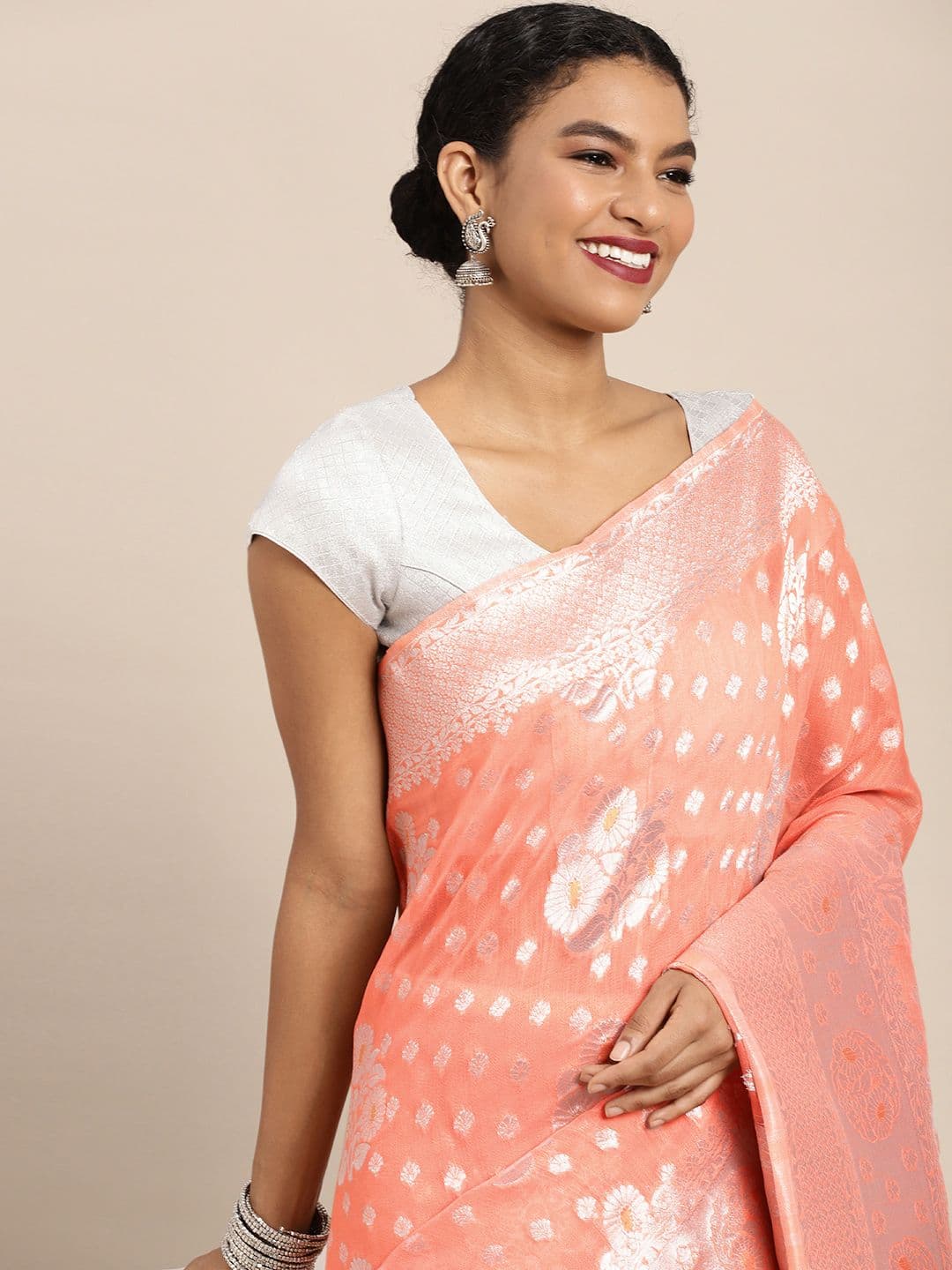 Leeza Store Peach-Coloured & Silver-Toned Woven Design Organza Banarasi Saree - view 1
