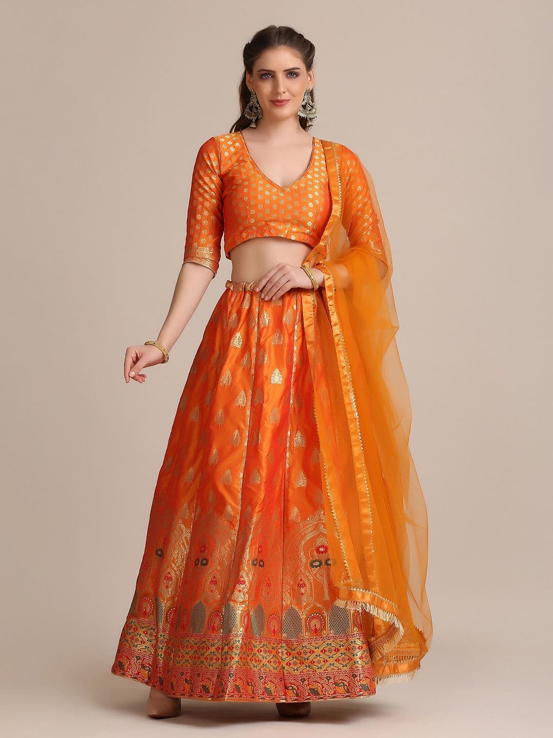 Warthy Ent Orange & Golden Semi-Stitched Lehenga & Unstitched Blouse With Dupatta - view 1