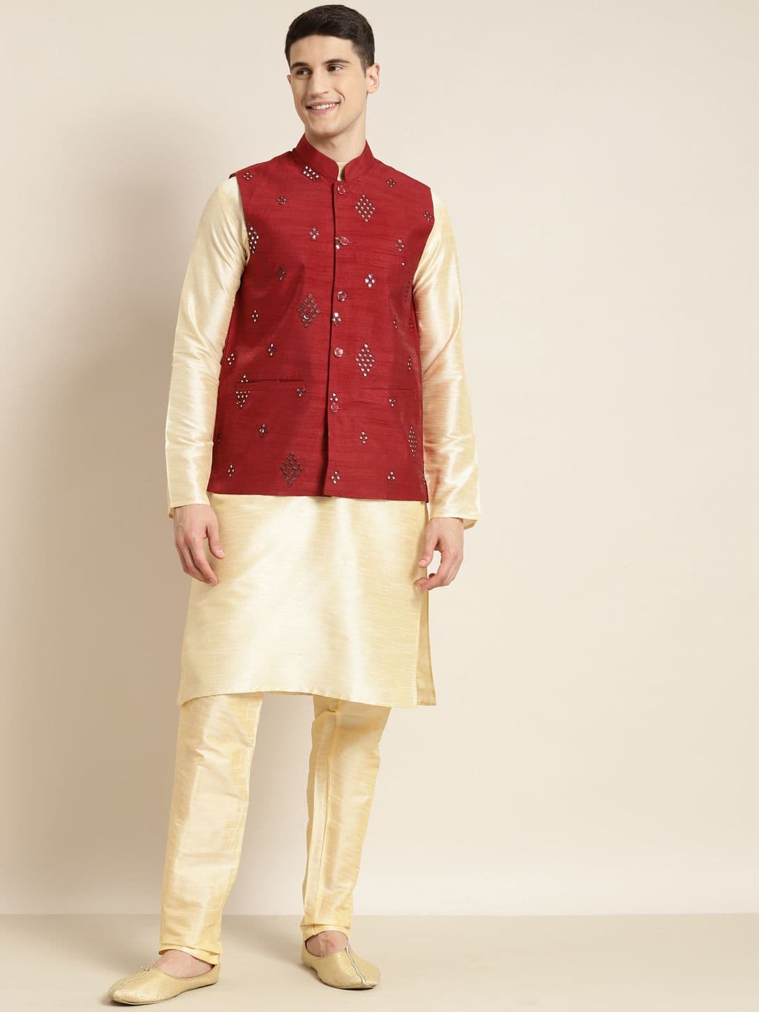 SOJANYA Men Maroon Mirror Work Nehru Jacket - view 1