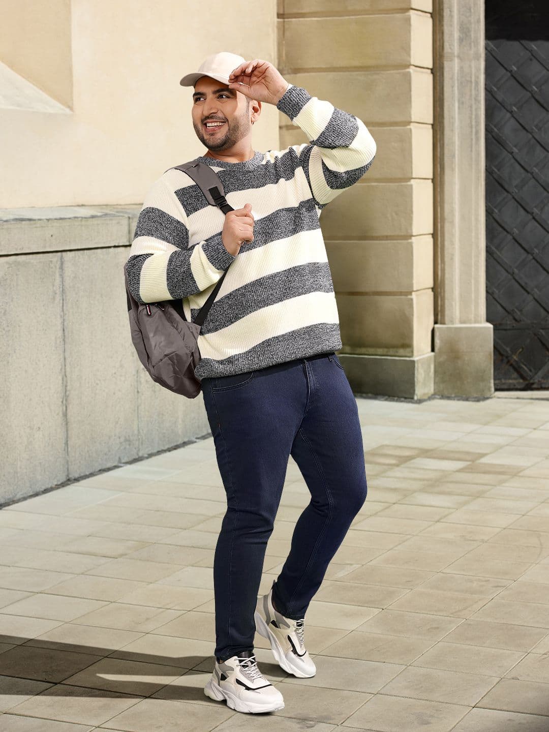 Sztori Men Plus Size Off White & Black Striped Pullover - view 1