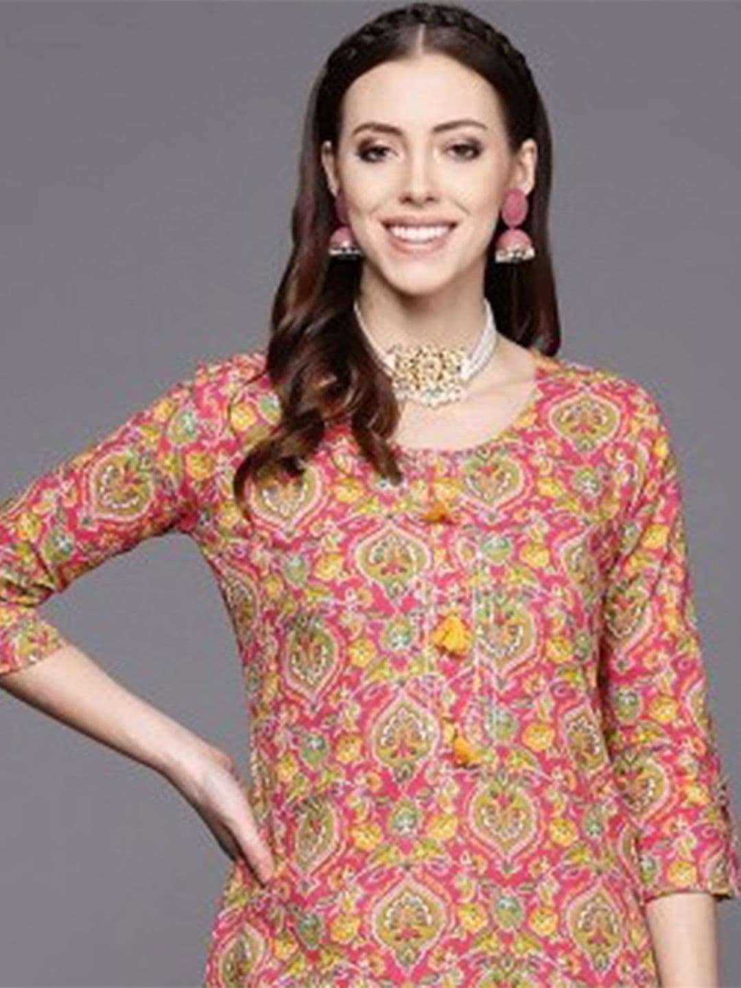Varanga Women Pink & Yellow Ethnic Floral Pure Cotton Printed sequin Detailed Kurta - view 1