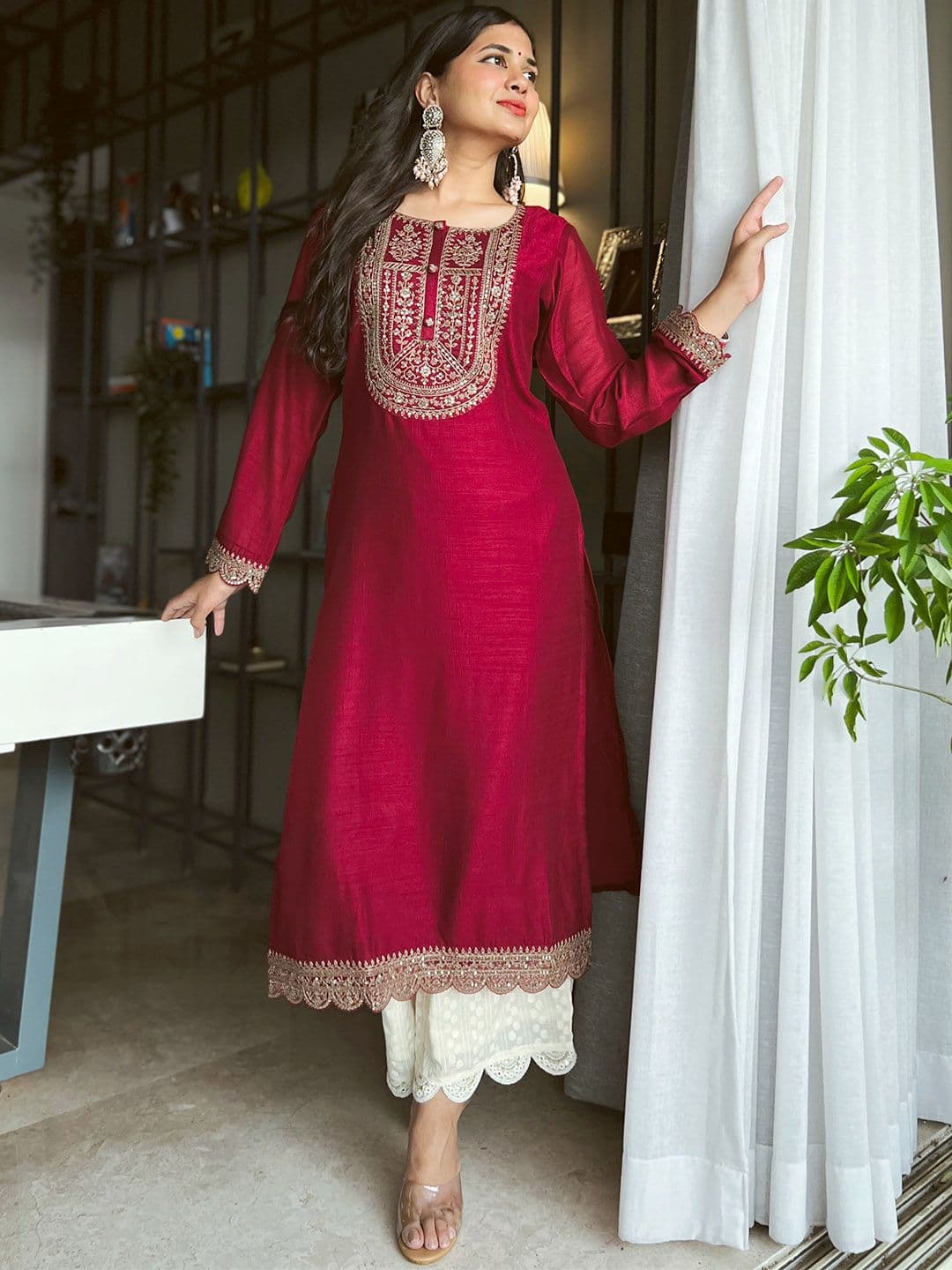 Libas Women Maroon Yoke Design Embellished Kurta - view 1