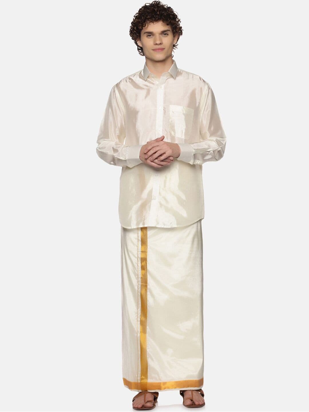 Sethukrishna Men Cream-Coloured Solid Dhoti - view 1