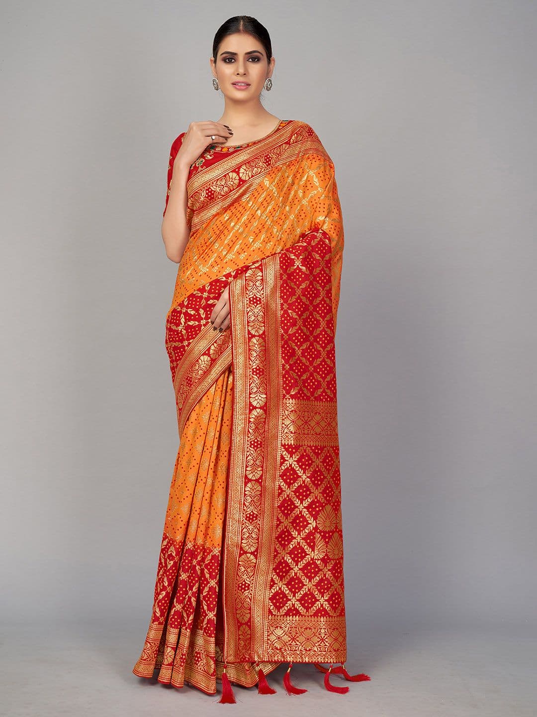 MONJOLIKA FASHION Red & Gold-Toned Woven Design Zari Silk Blend Banarasi Saree - view 1