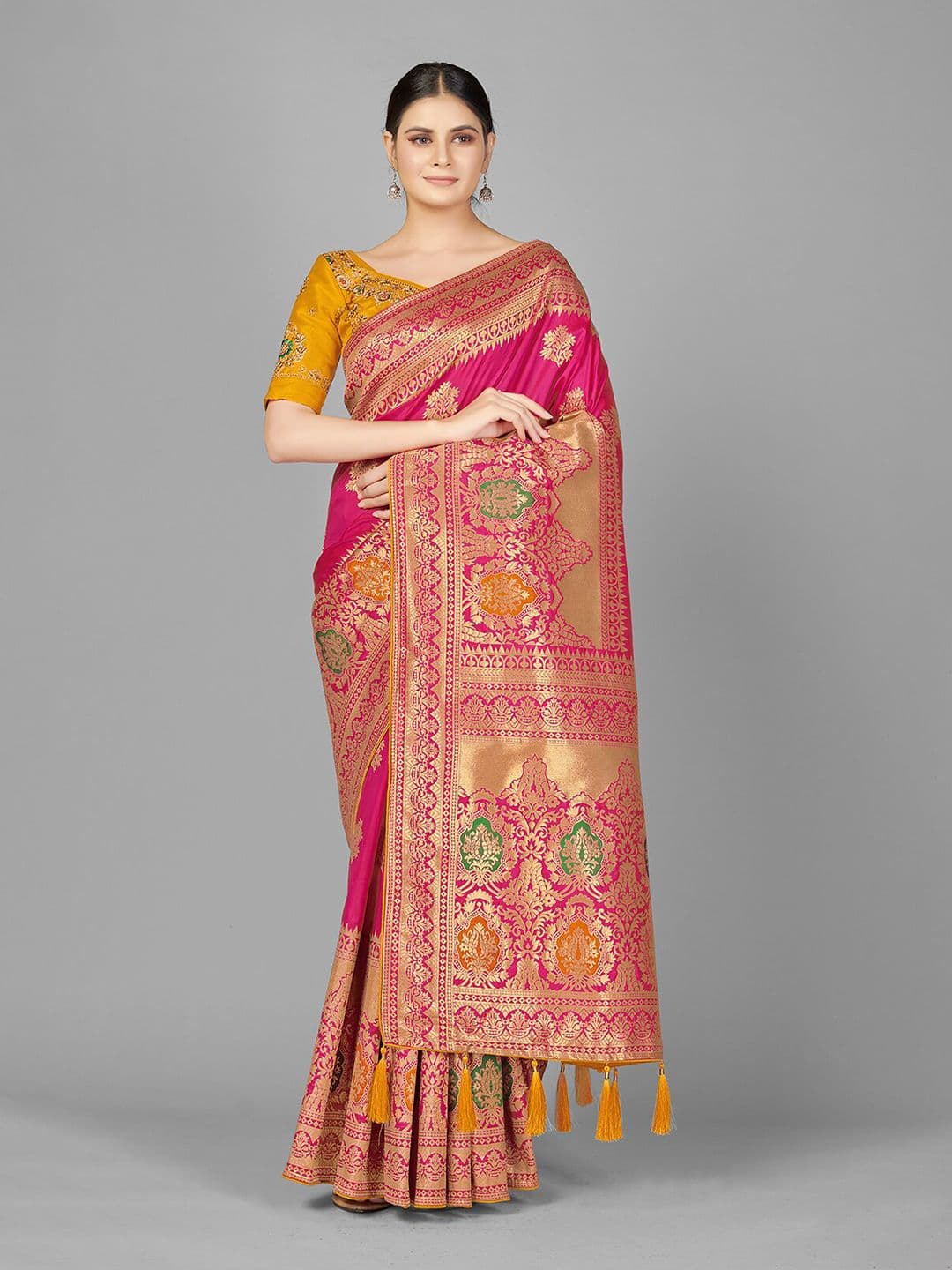 MONJOLIKA FASHION Magenta & Green Woven Design Zari Silk Blend Banarasi Saree - view 1