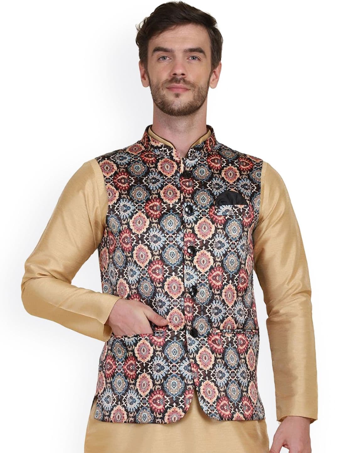 TAHVO Men Brown & Blue Printed Nehru Jacket - view 1