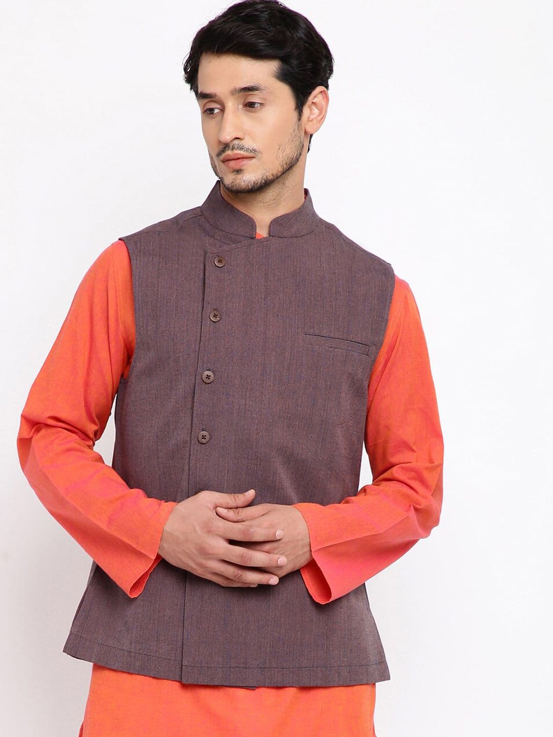Fabindia Men Mauve Solid Pure Cotton Woven Nehru Jacket - view 1
