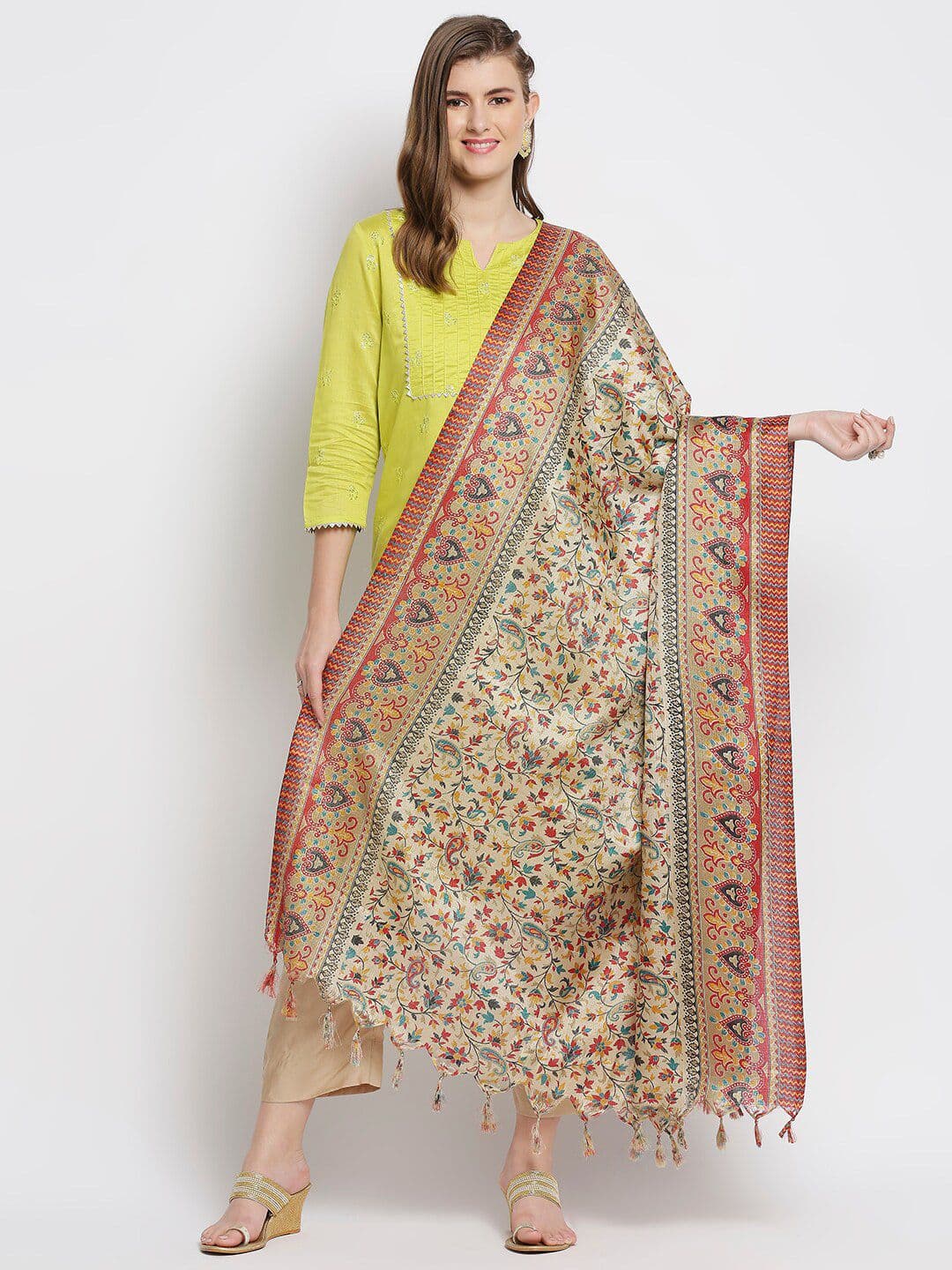 Dupatta Bazaar Beige & Red Floral Printed Art Silk Dupatta - view 1