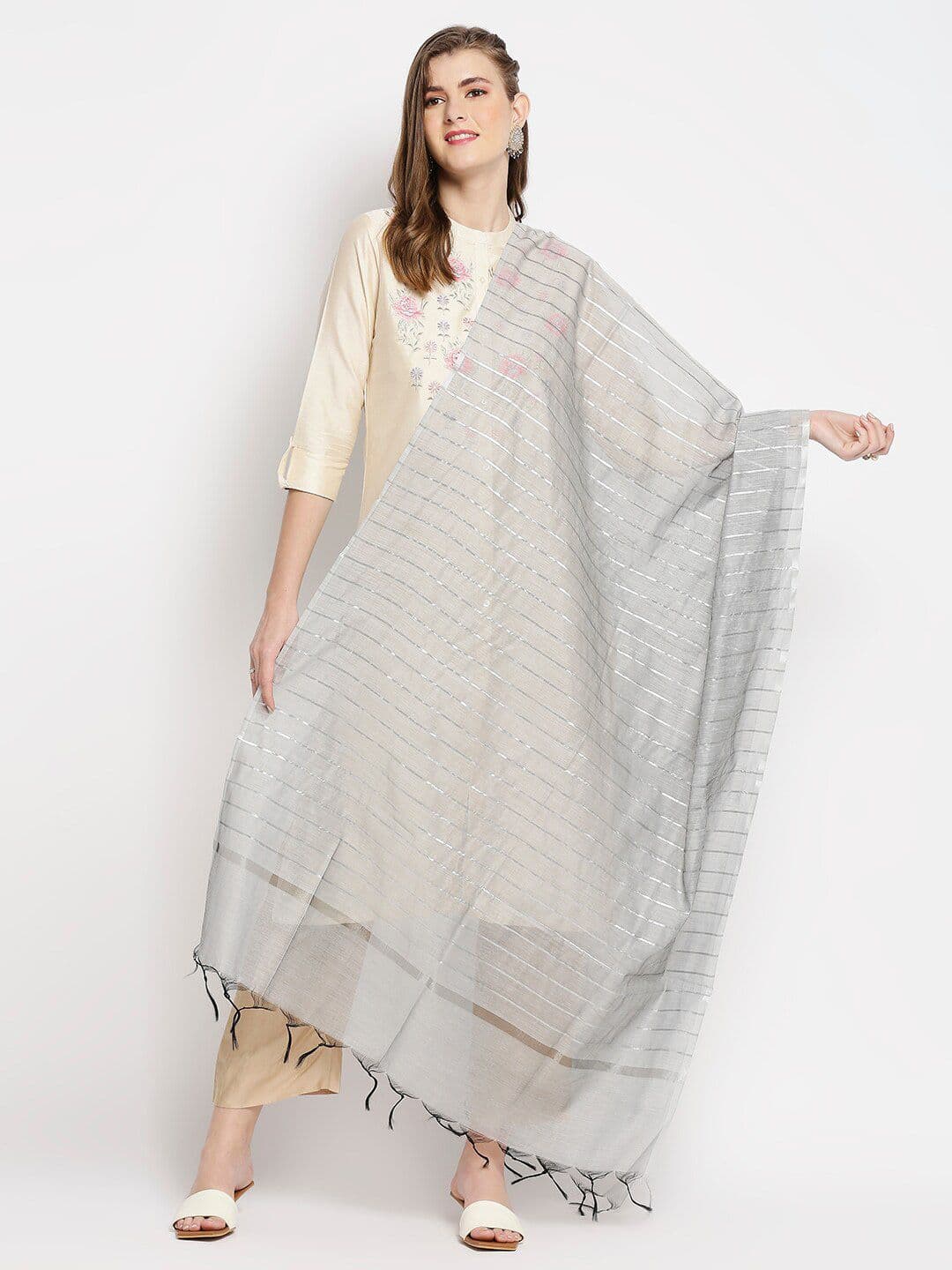 Dupatta Bazaar Silver Coloured Striped Dupatta - view 1