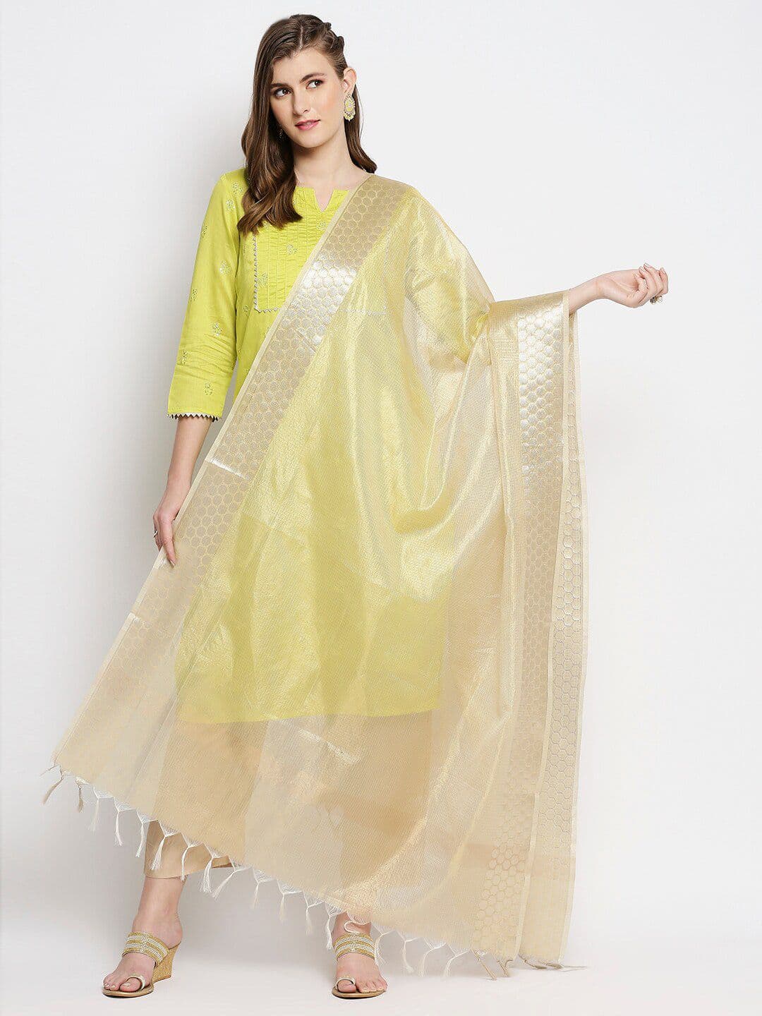 Dupatta Bazaar Gold-Toned Woven Design Dupatta with Zari - view 1